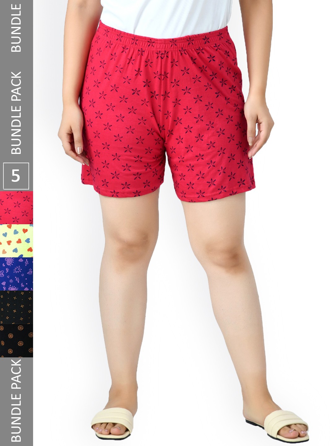 

IndiWeaves Women Pack Of 5 Printed High-Rise Shorts, Red