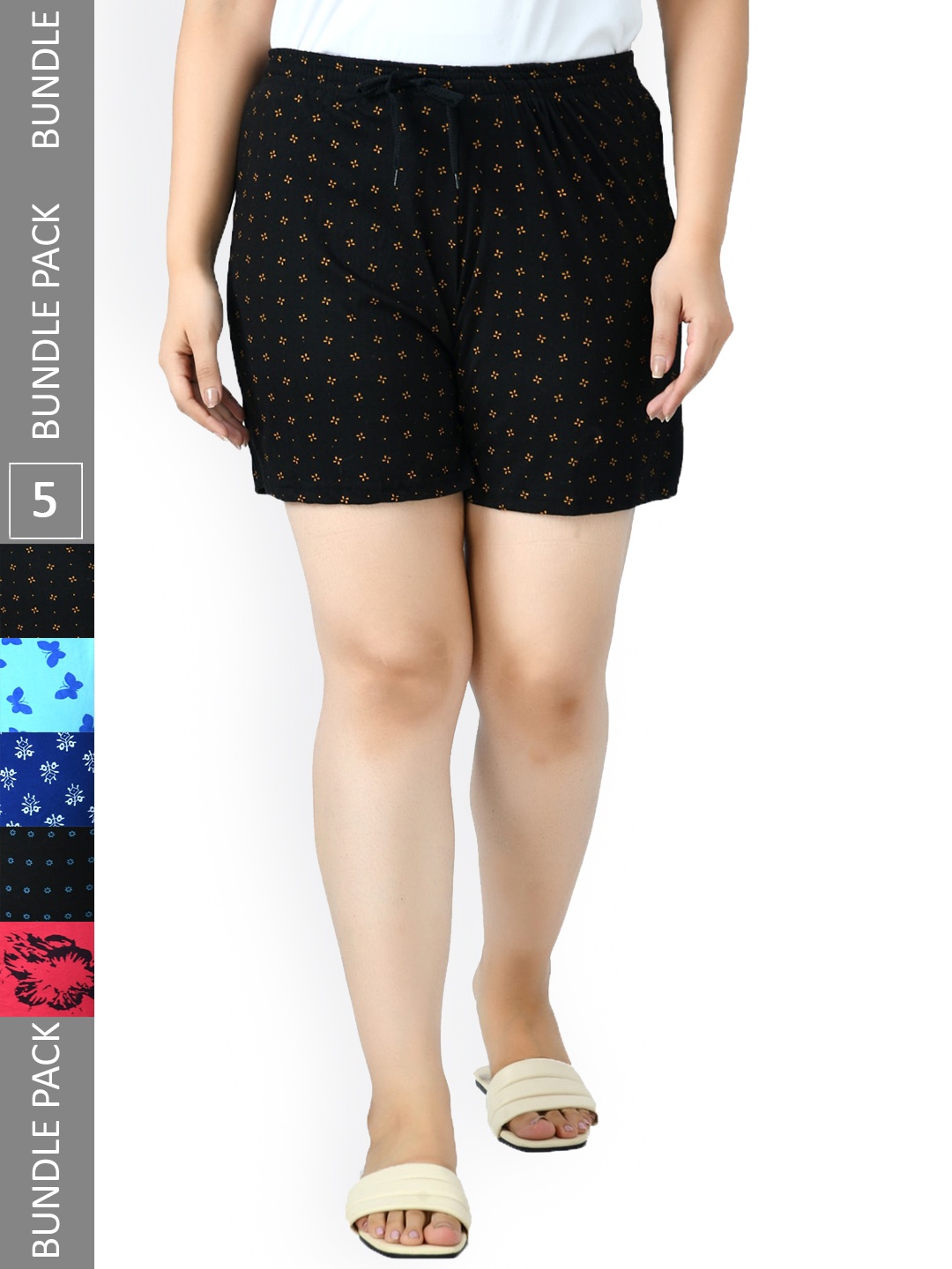 

IndiWeaves Women Pack Of 5 Printed Pure Cotton Shorts, Black
