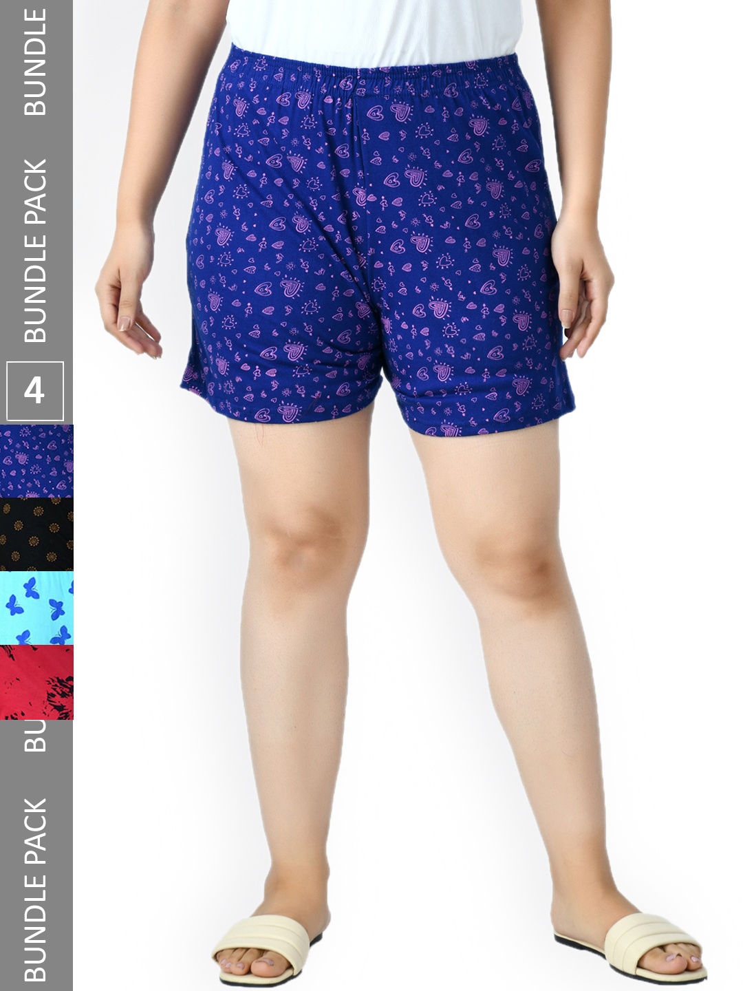 

IndiWeaves Women Pack Of 4 Printed High-Rise Shorts, Black