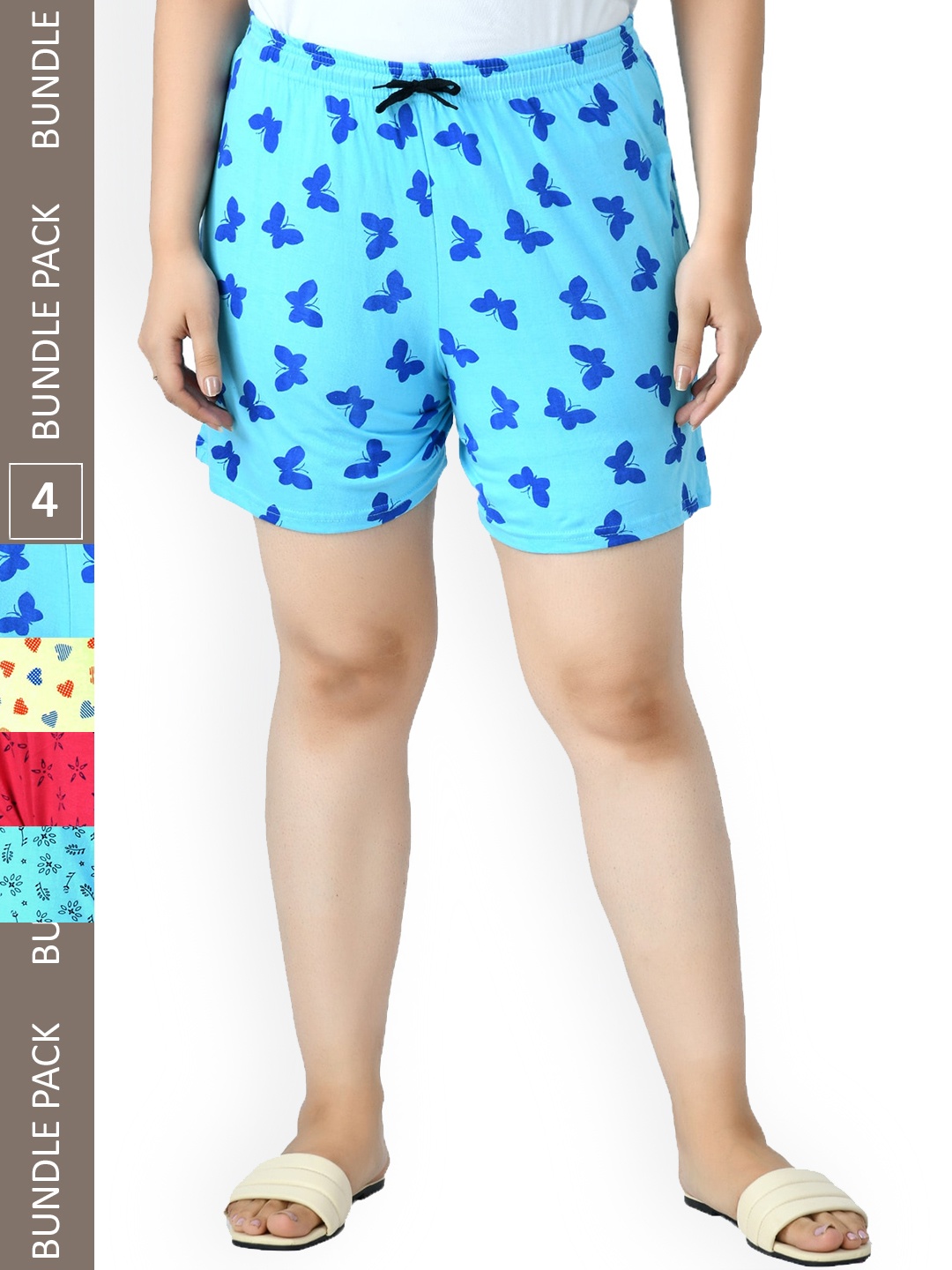 

IndiWeaves Women Pack Of 4 Printed High-Rise Pure Cotton Lounge Shorts, Blue