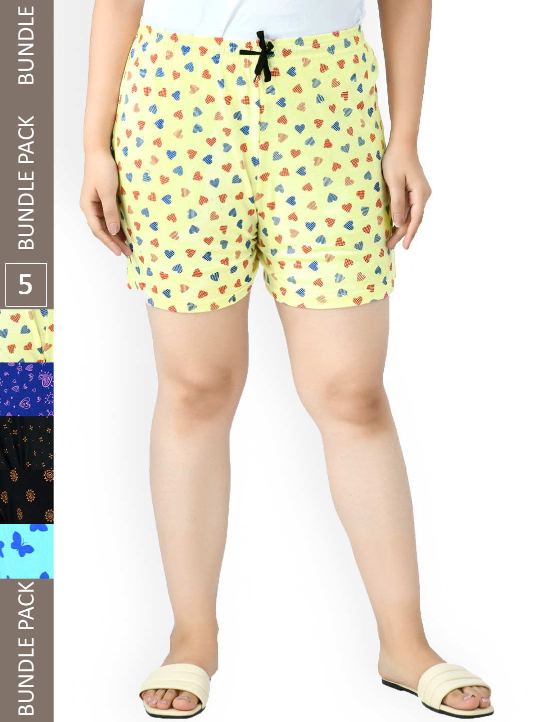 

IndiWeaves Women Pack Of 5 Printed High-Rise Pure Cotton Lounge Shorts, Blue