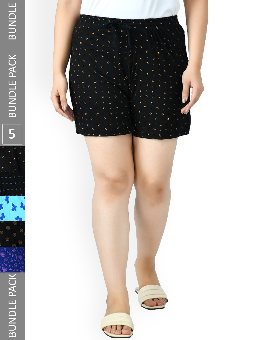 

IndiWeaves Women Pack Of 5 High-Rise Printed Pure Cotton Shorts, Black