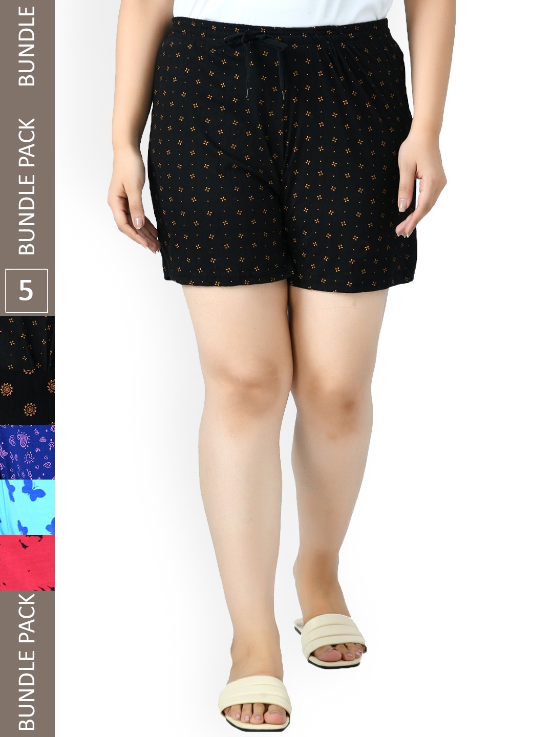 

IndiWeaves Women Pack Of 5 Printed High-Rise Shorts, Black