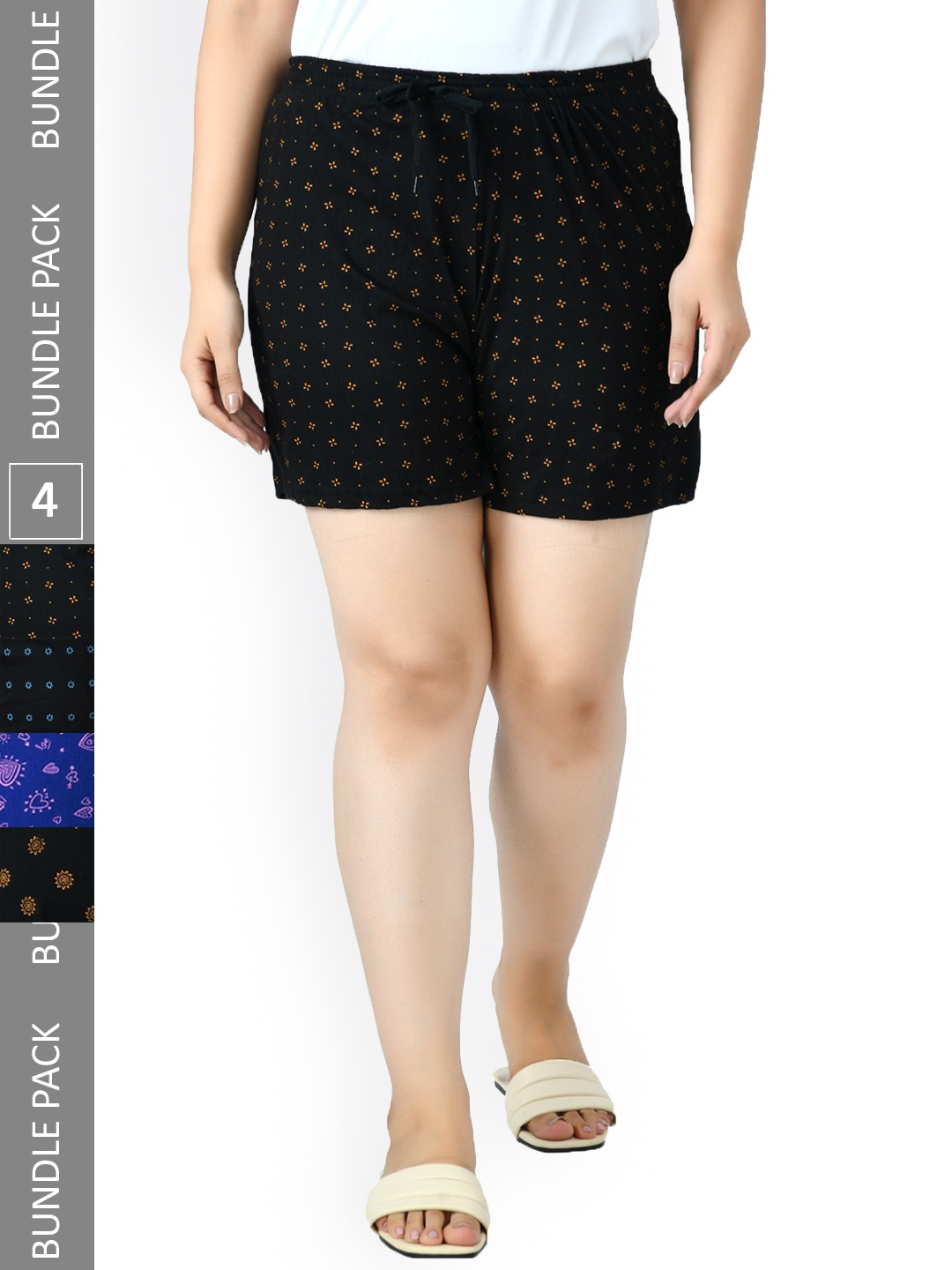 

IndiWeaves Women Pack Of 4 High-Rise Printed Pure Cotton Shorts, Black