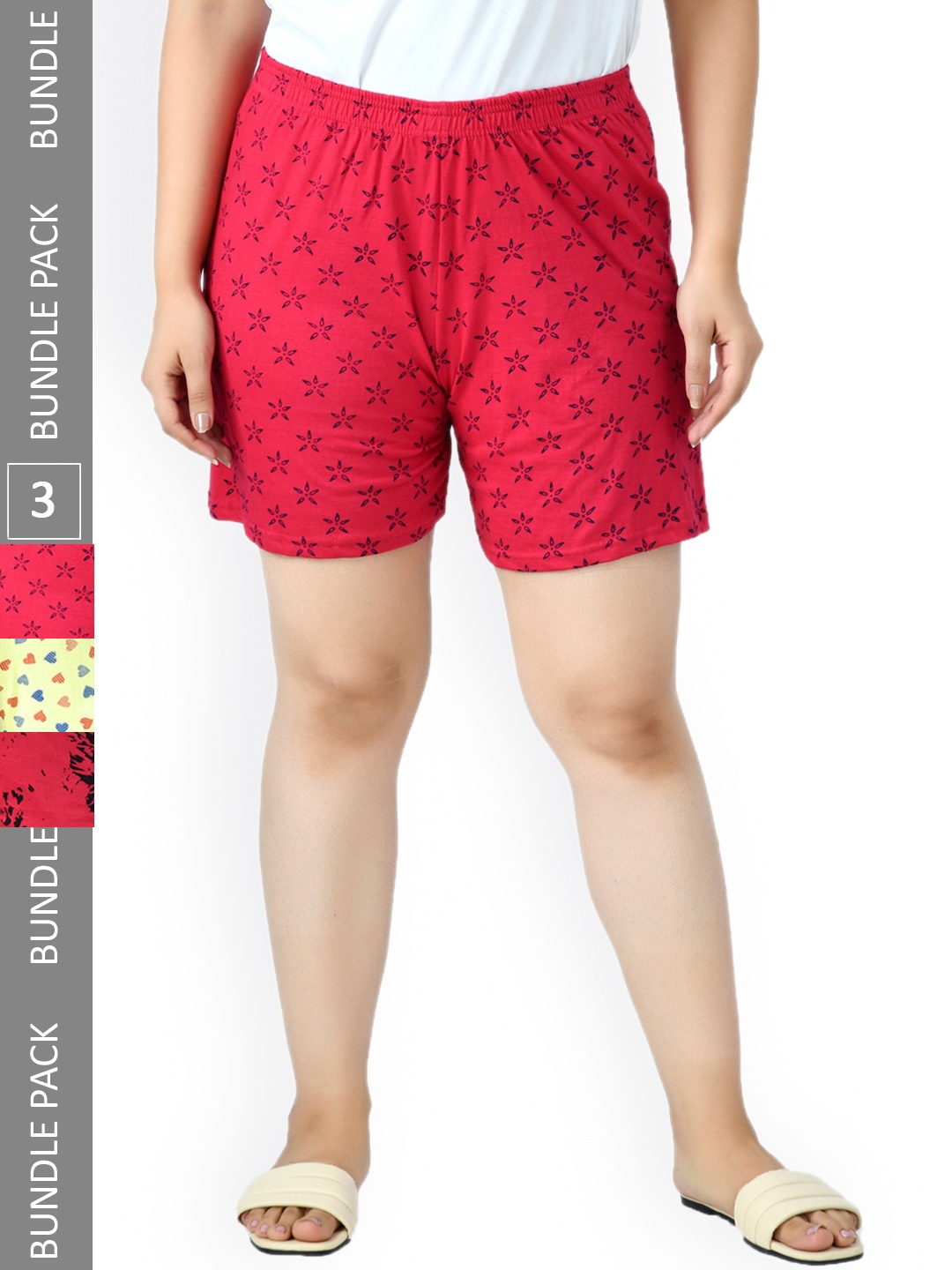 

IndiWeaves Women Pack Of 3 Printed High-Rise Pure Cotton Lounge Shorts, Red