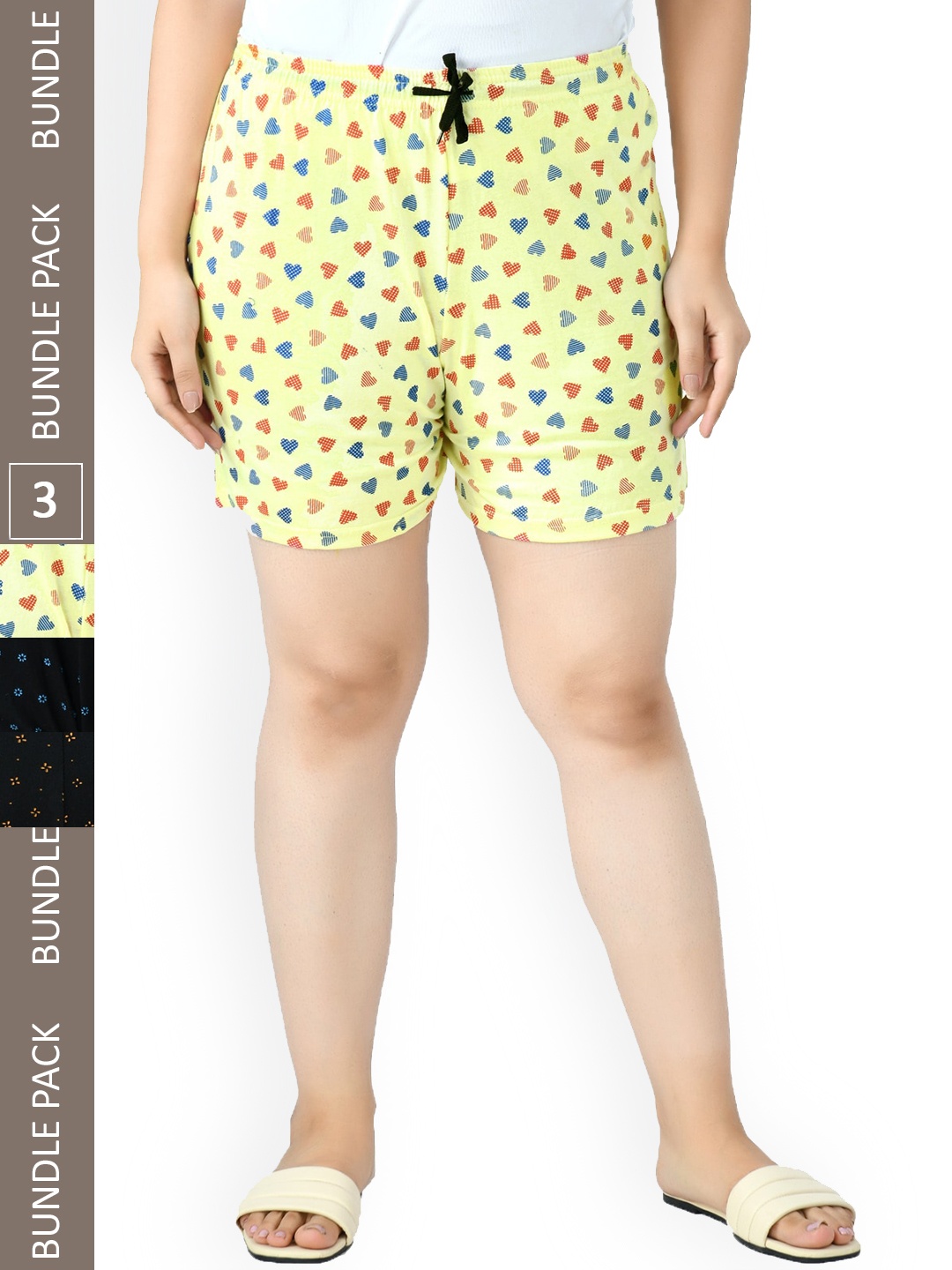 

IndiWeaves Women Pack Of 3 Printed High-Rise Pure Cotton Lounge Shorts, Black