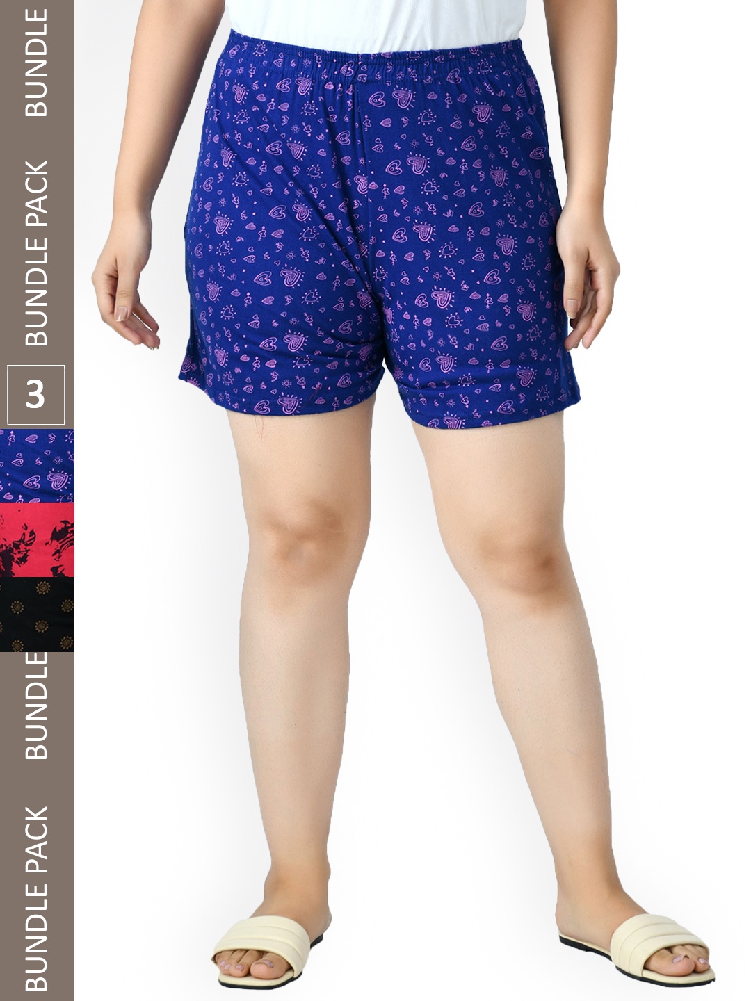 

IndiWeaves Women Pack Of 3 Printed High-Rise Pure Cotton Shorts, Blue