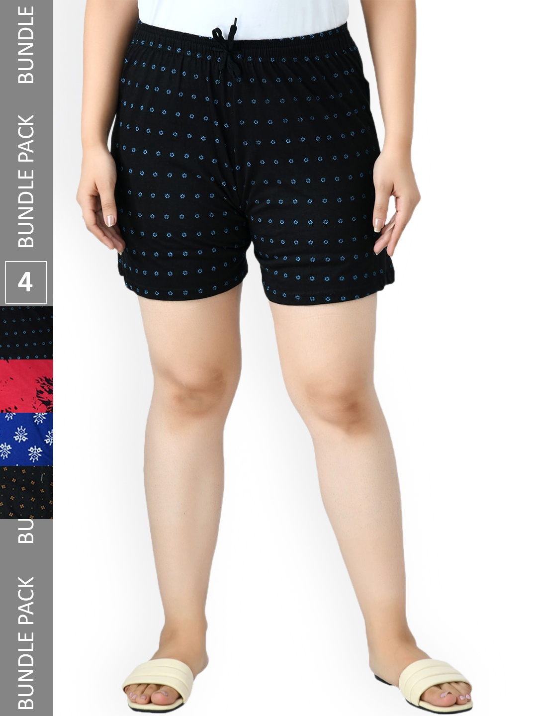 

IndiWeaves Women Pack Of 4 High-Rise Printed Pure Cotton Shorts, Black