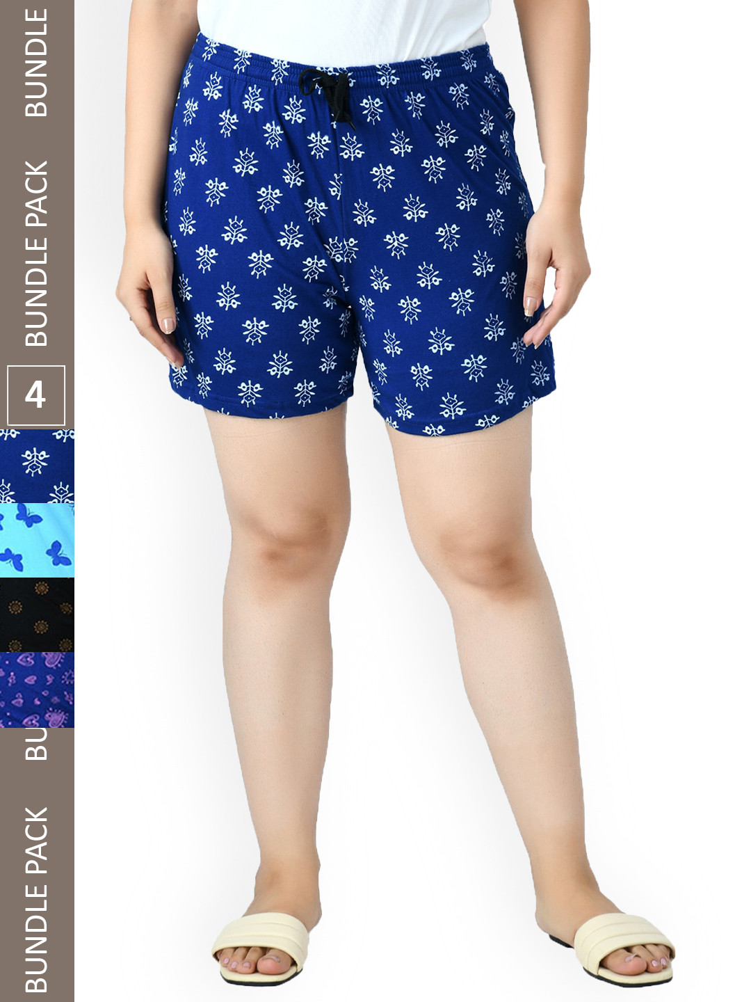 

IndiWeaves Women Pack Of 4 Printed High-Rise Pure Cotton Shorts, Black