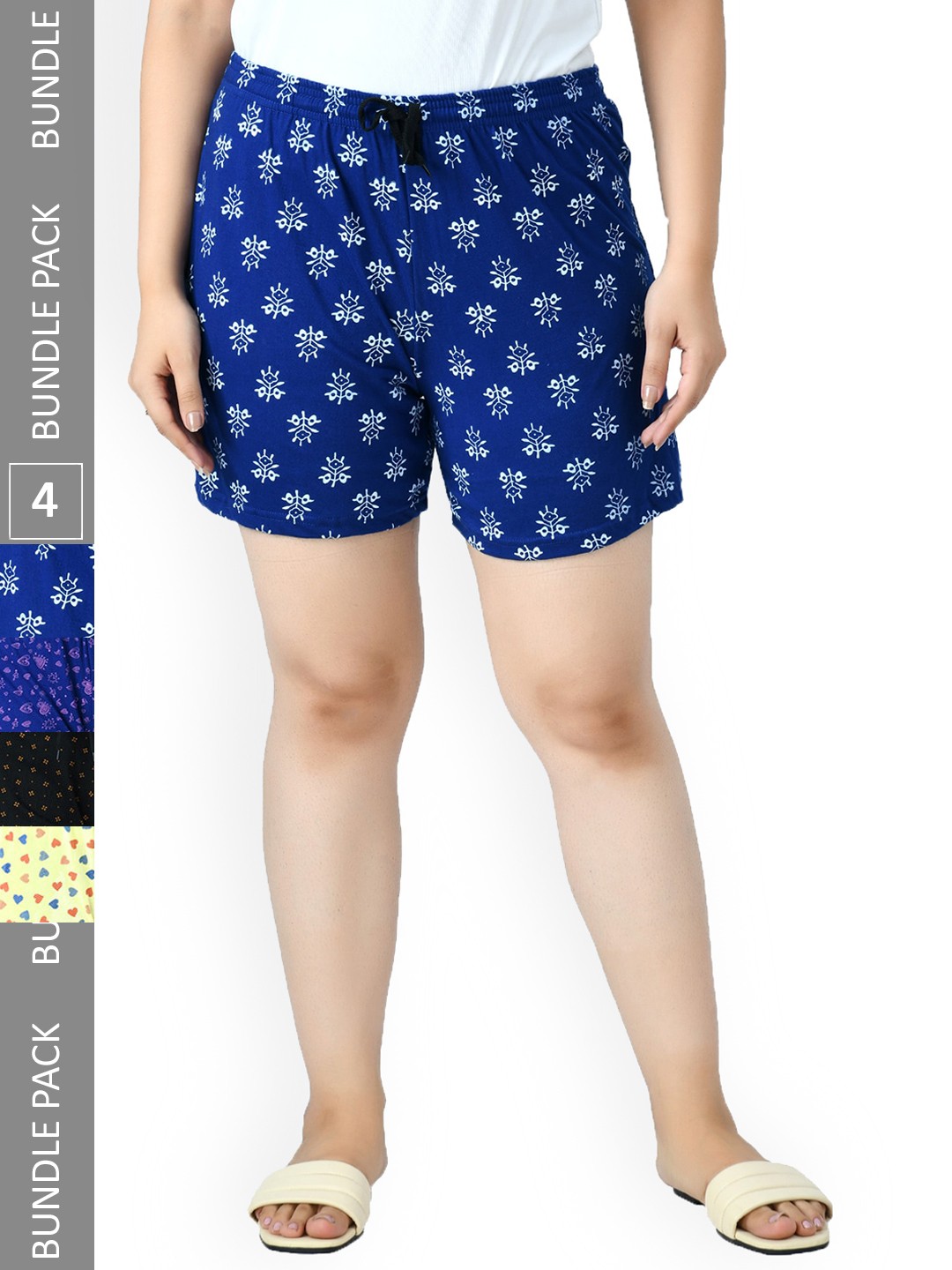 

IndiWeaves Women Pack Of 4 Printed High-Rise Pure Cotton Shorts, Yellow