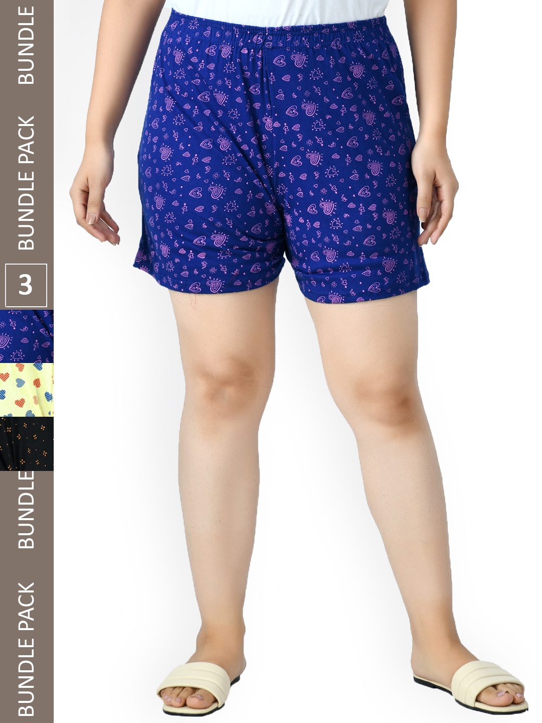 

IndiWeaves Women Pack Of 3 Printed High-Rise Pure Cotton Lounge Shorts, Blue