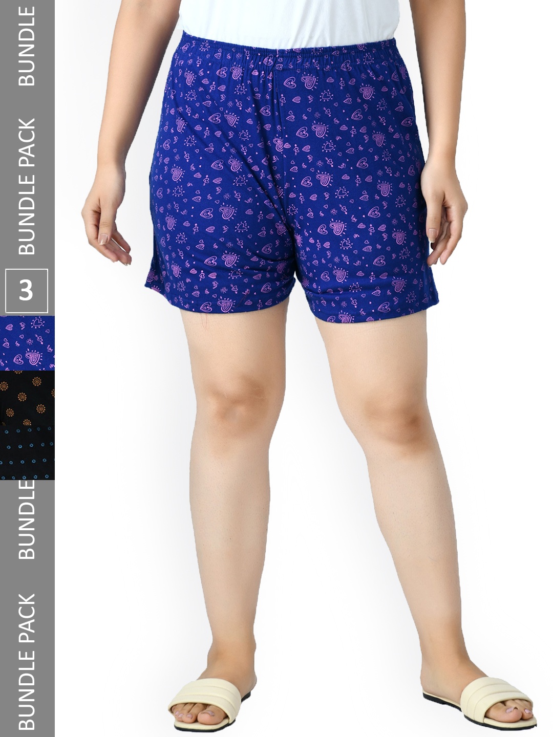 

IndiWeaves Women Pack Of 3 Printed High-Rise Pure Cotton Shorts, Black