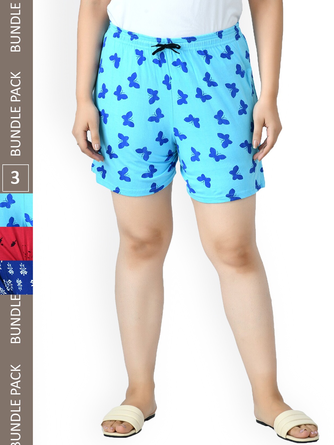 

IndiWeaves Women Pack Of 3 Printed High-Rise Pure Cotton Shorts, Blue