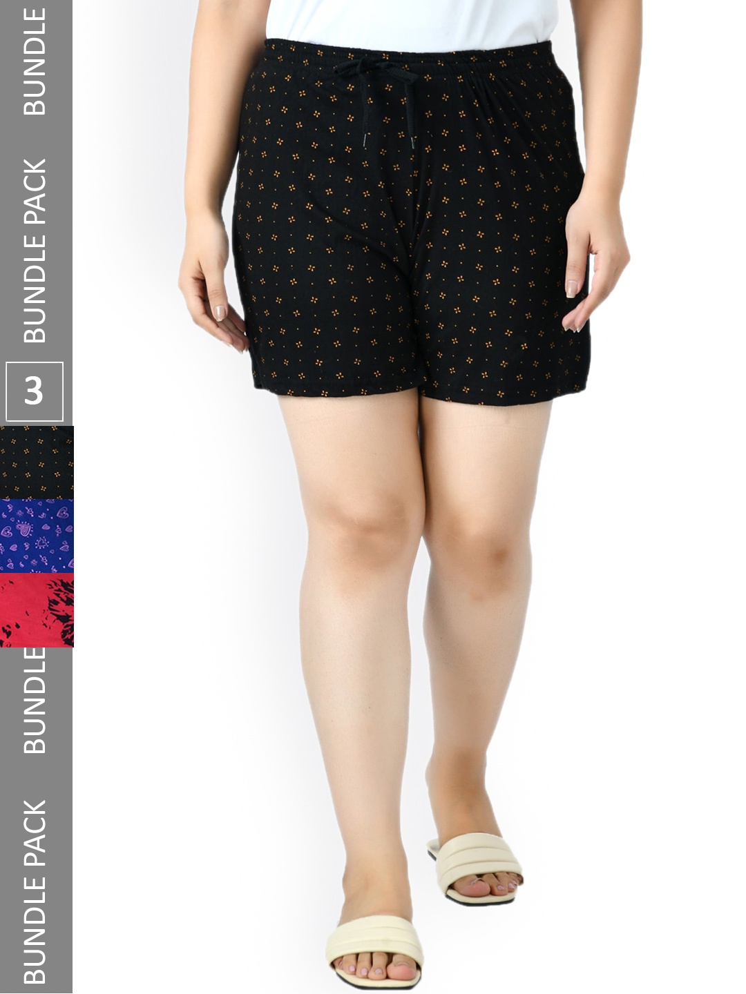 

IndiWeaves Women Pack Of 3 High-Rise Printed Pure Cotton Shorts, Black