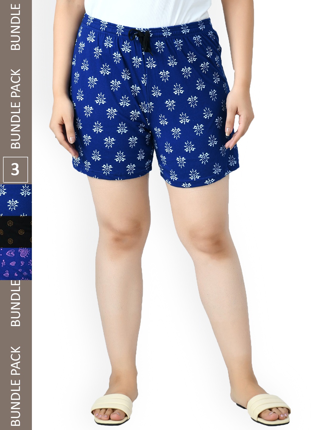 

IndiWeaves Women Pack Of 3 Printed High-Rise Pure Cotton Shorts, Black