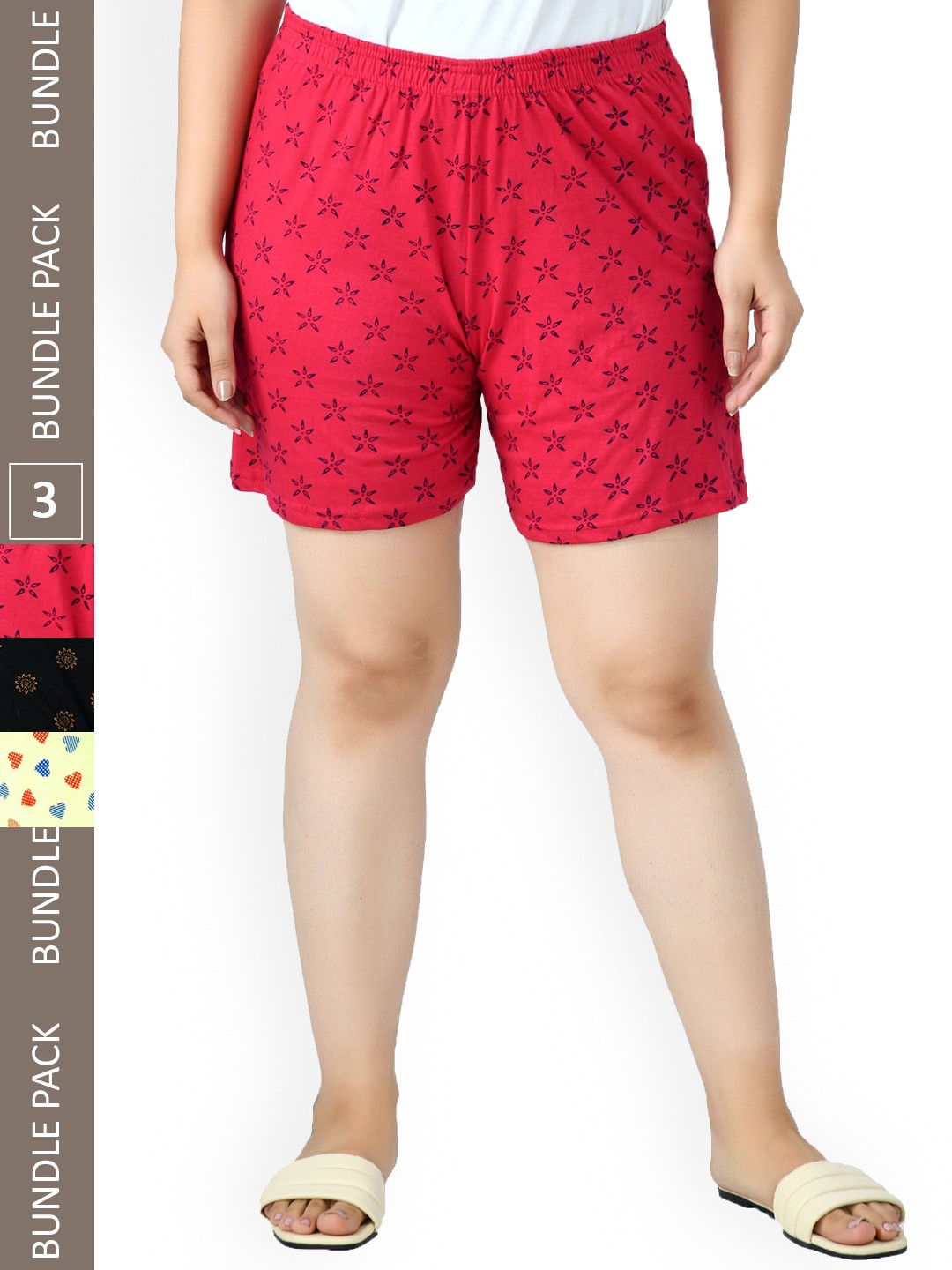 

IndiWeaves Women Pack Of 3 Printed High-Rise Pure Cotton Lounge Shorts, Yellow