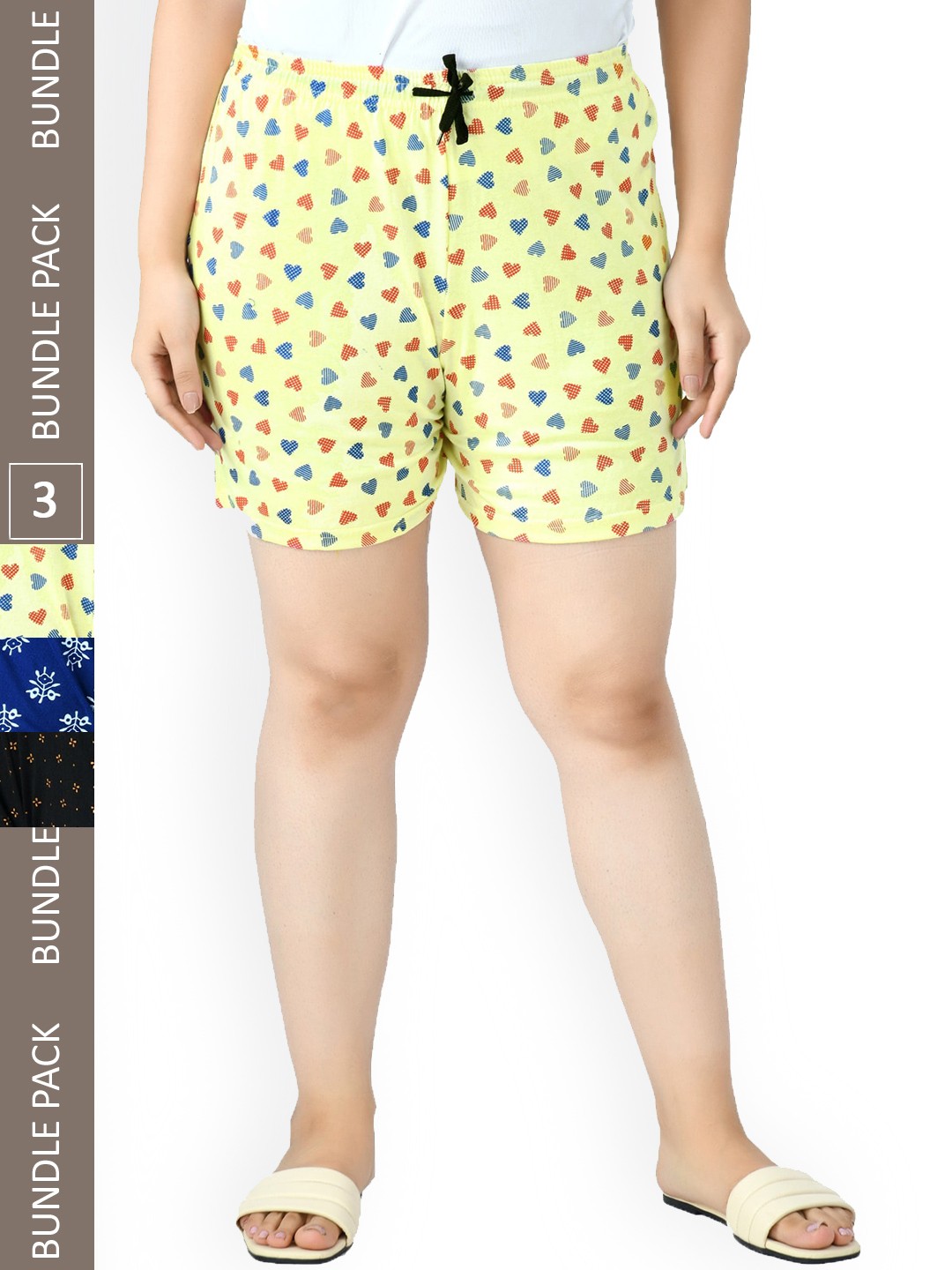 

IndiWeaves Women Pack Of 3 Printed High-Rise Pure Cotton Lounge Shorts, Yellow