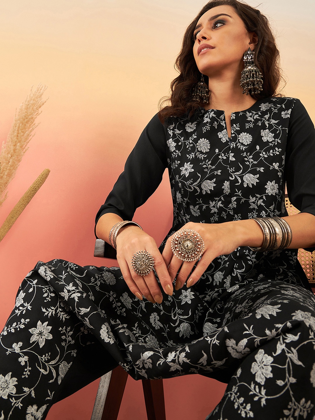 

Sangria Floral Woven Designed High Low Hem Ethnic Dresses, Black