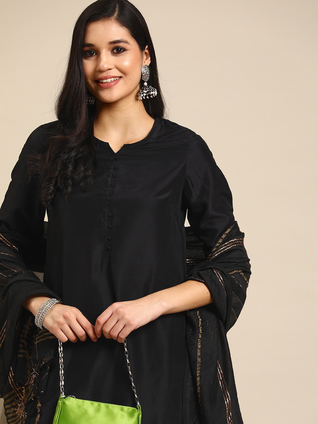 

Sangria Gotta Patti Detail Kurta with Palazzos & Striped Dupatta, Black