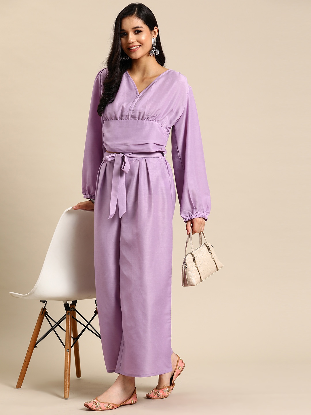 

Sangria Solid Waist Tie-Ups Co-Ords, Lavender