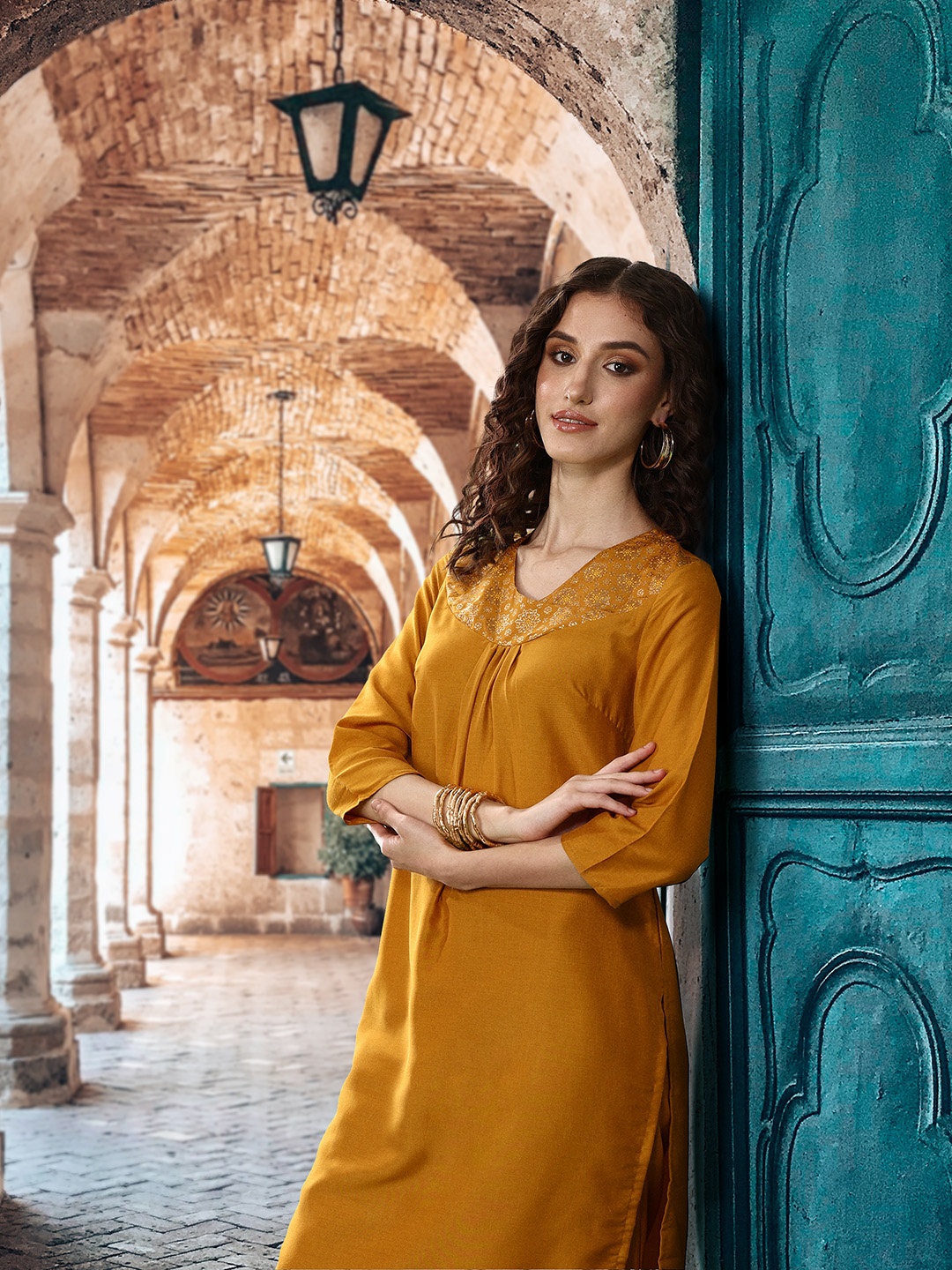

Sangria Yoke Design Pleated Kurta with Trousers, Mustard