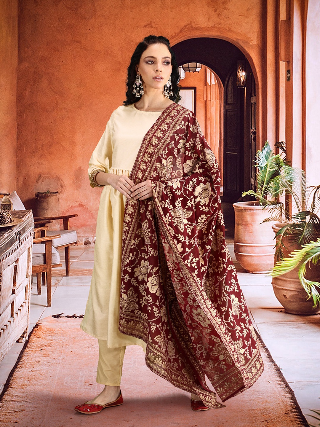 

Sangria Pleated Kurta with Trousers & Dupatta, Cream