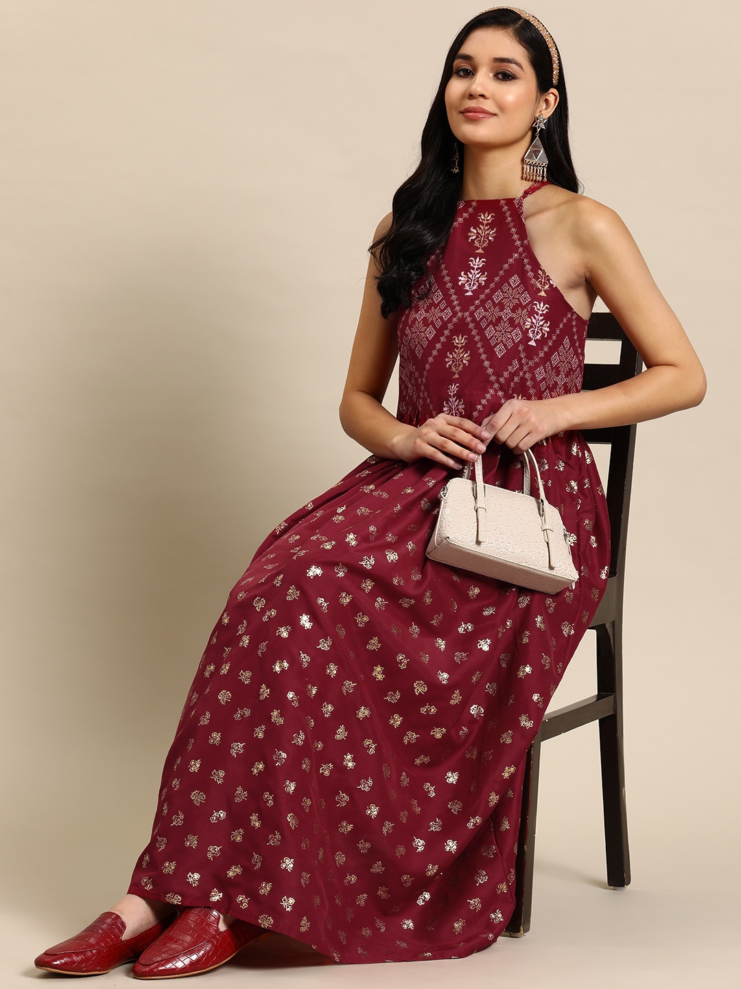 

Sangria Women Printed A-Line Maxi Ethnic Dress, Maroon