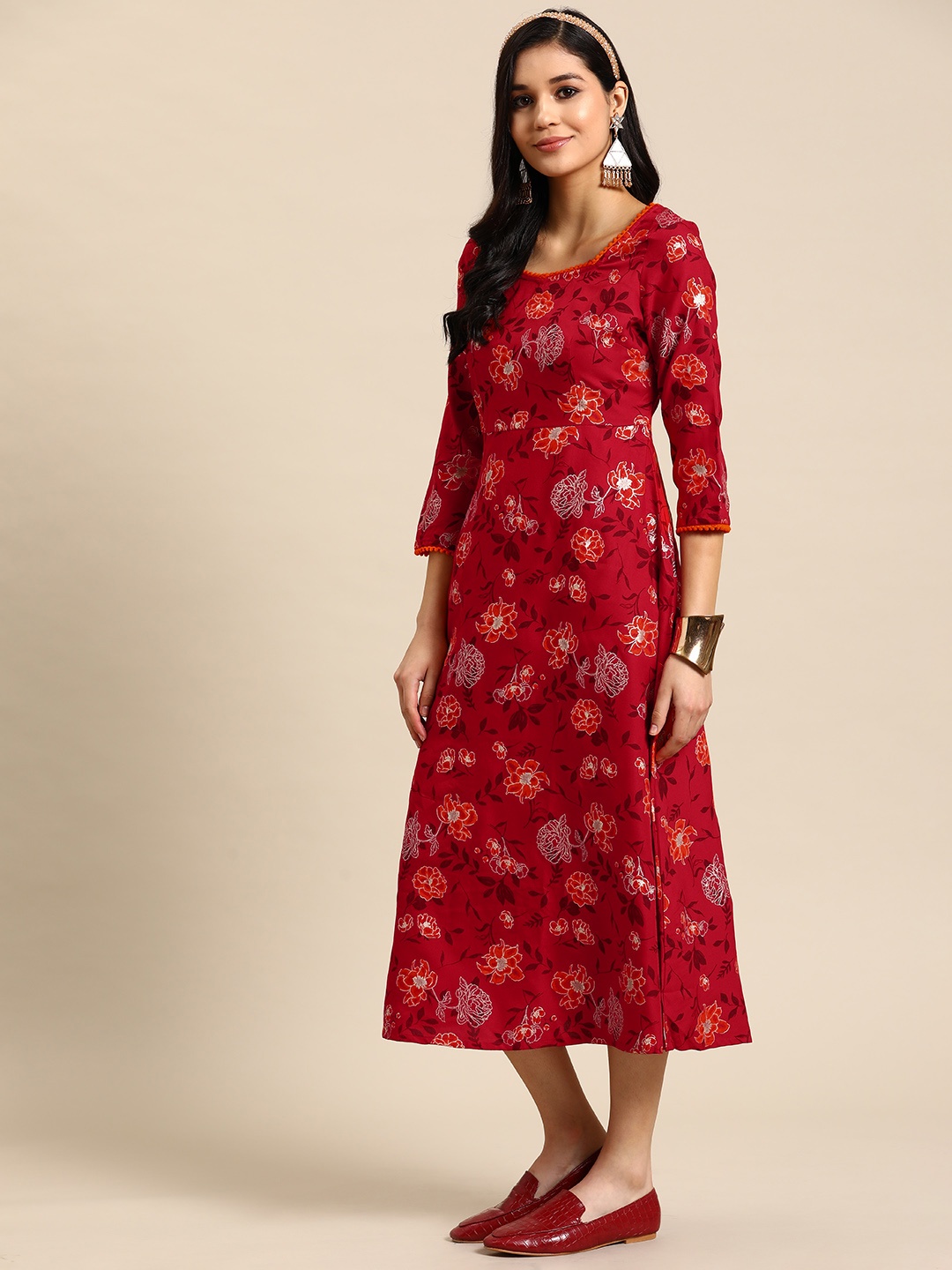

Sangria Women Printed A-Line Midi Ethnic Dress, Red