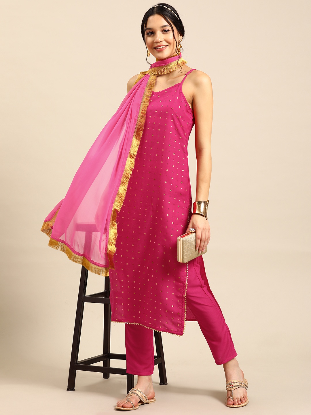 

Sangria Shoulder Straps Printed A-line Kurta Set with Fringed Detail Dupatta, Pink