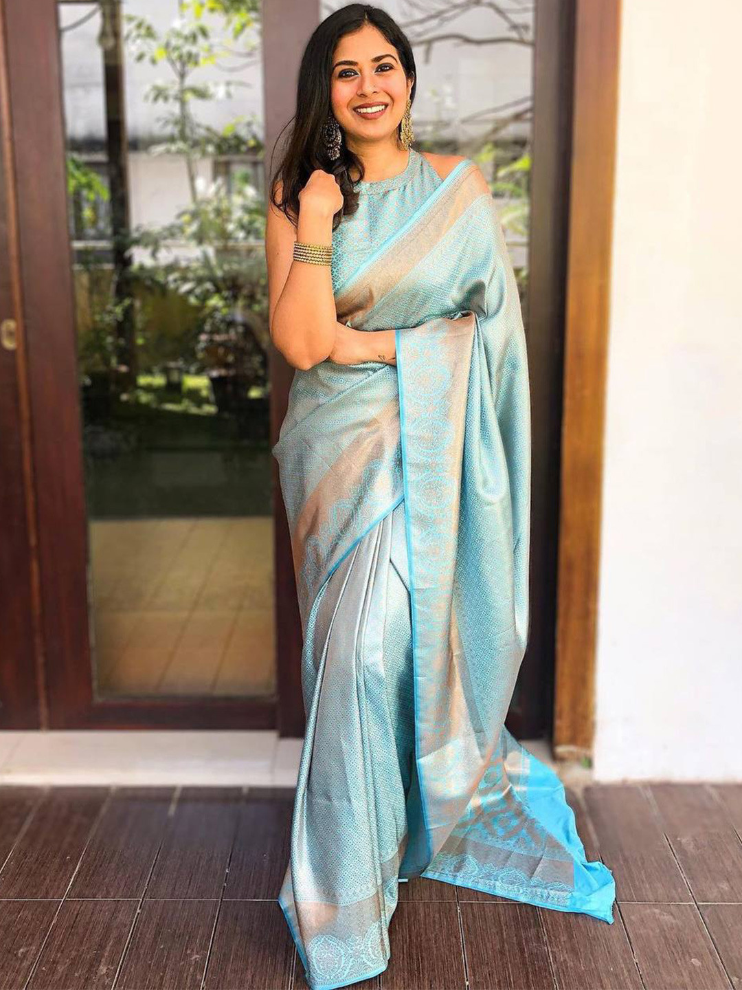 

Naishu Trendz Ethnic Woven Design Zari Pure Silk Kanjeevaram Saree, Turquoise blue