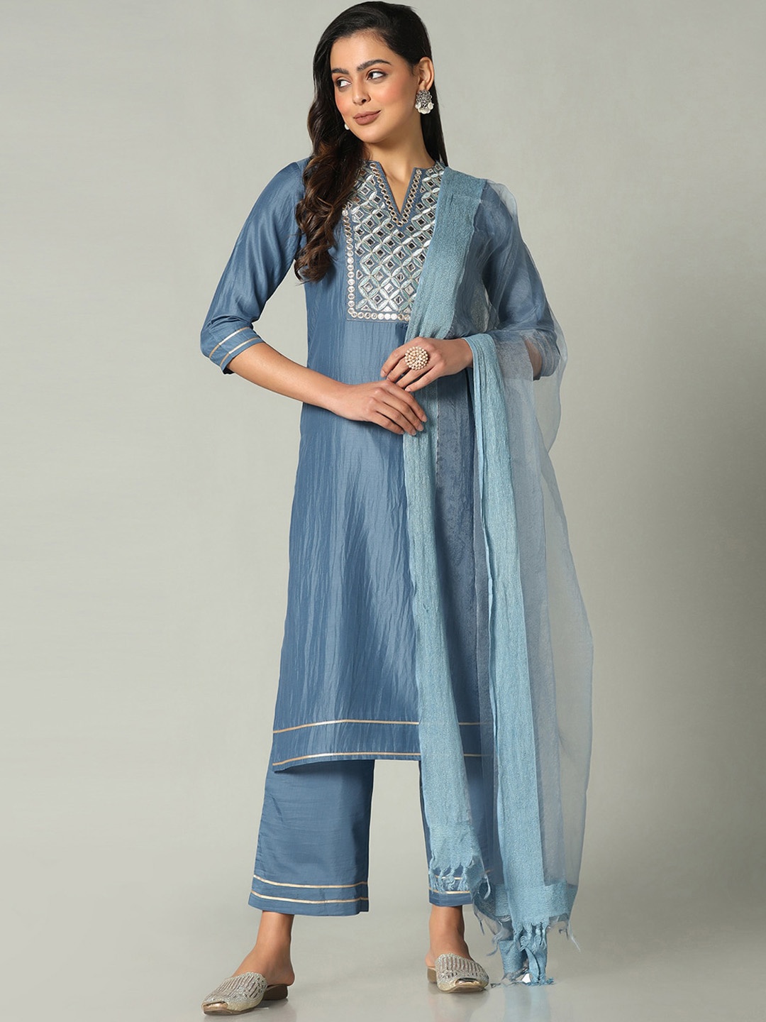 

KALINI Yoke Design Mirror Work Kurta with Trousers & Dupatta, Blue