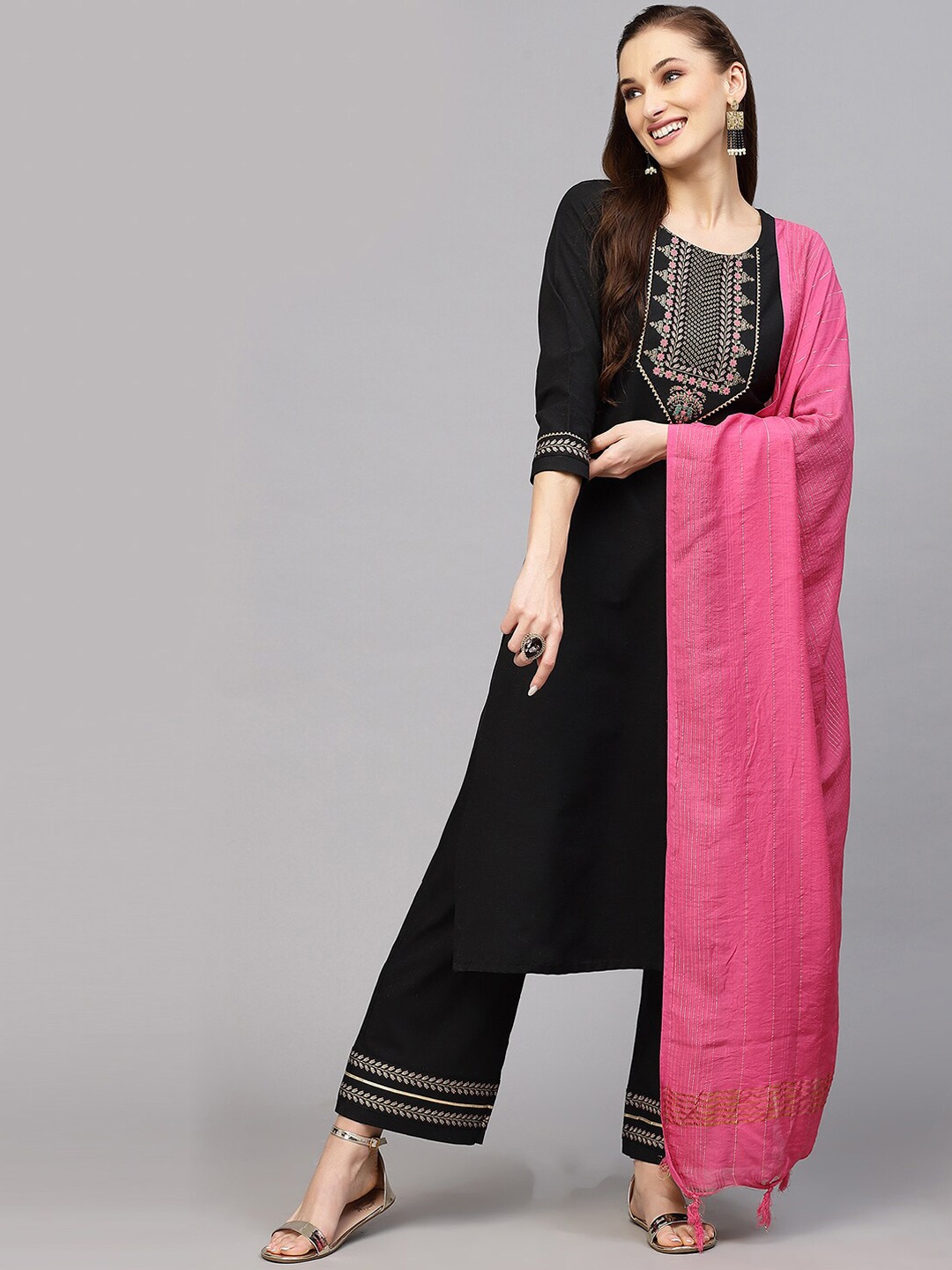 

KALINI Ethnic Motifs Yoke Design Regular Gotta Patti Kurta With Trousers & Dupatta, Black