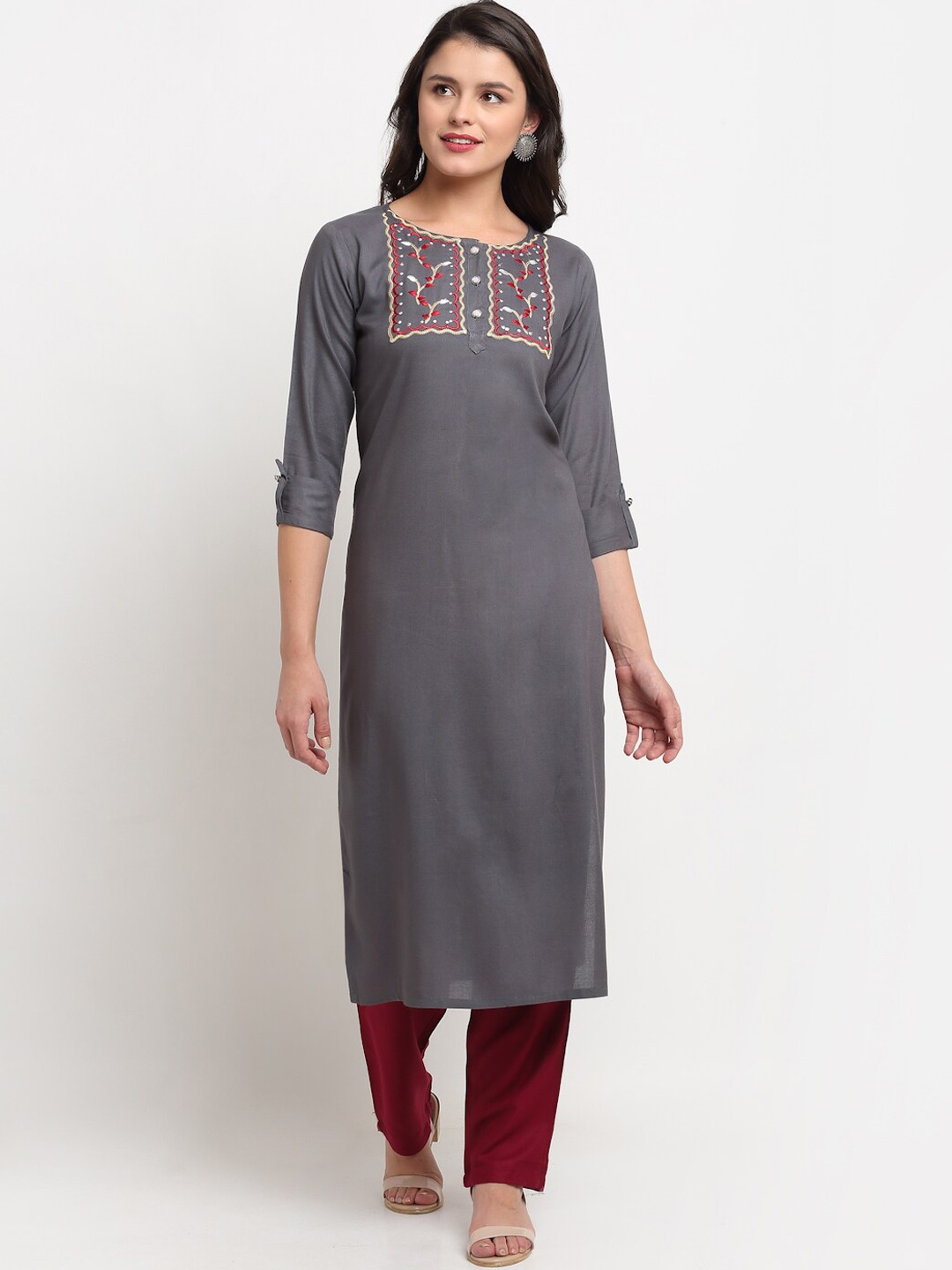

The Mini NEEDLE Ethnic Motifs Embroidered Regular Kurta With Trousers, Grey