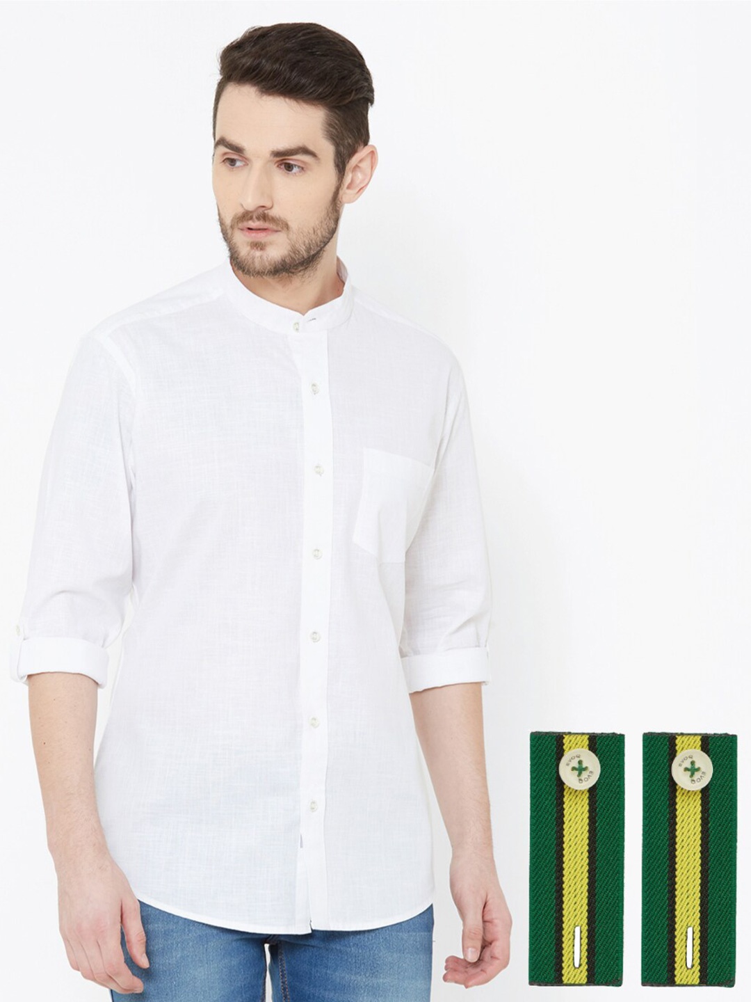 

EVOQ Standard Mandarin Collar Cotton Linen Casual Shirt, White
