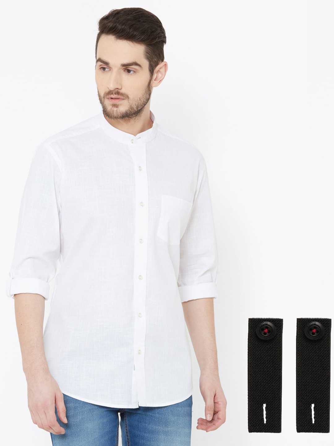 

EVOQ Standard Mandarin Collar Cotton Linen Casual Shirt, White