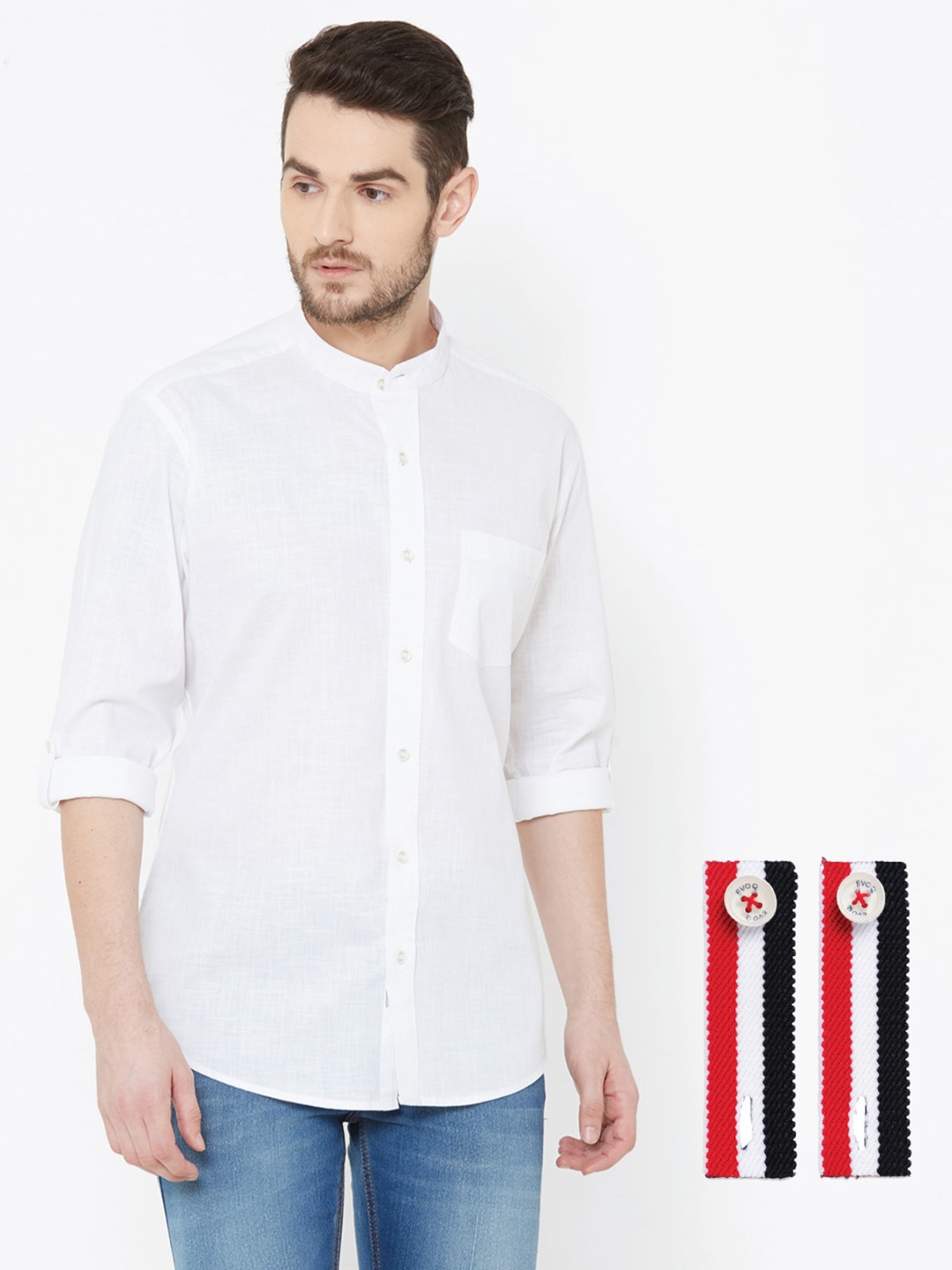 

EVOQ Standard Mandarin Collar Cotton Linen Casual Shirt, White