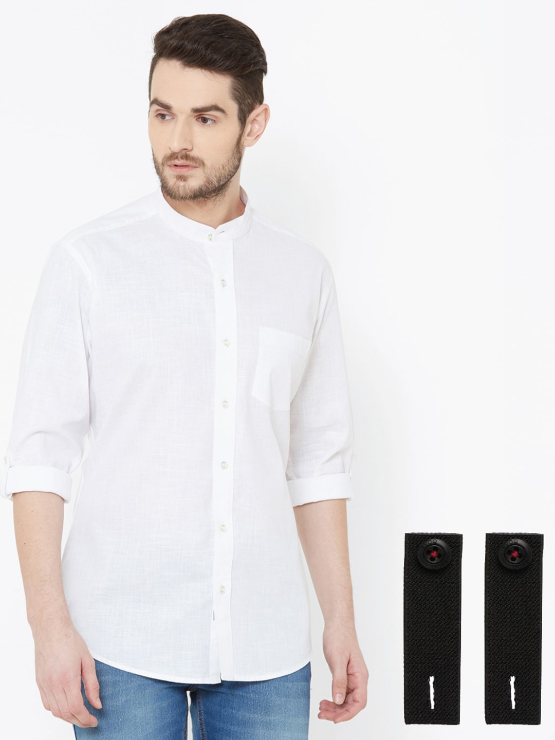 

EVOQ Band Collar Standard Fit Opaque Casual Linen Shirt With A Detachable Cuff Band, White