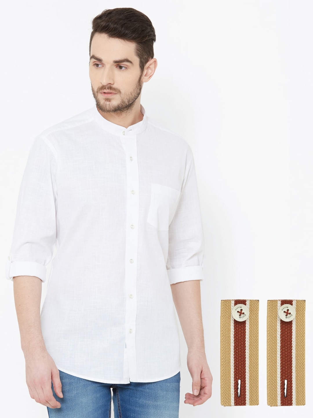 

EVOQ Mandarin Collar Standard Opaque Cotton Linen Casual Shirt, White