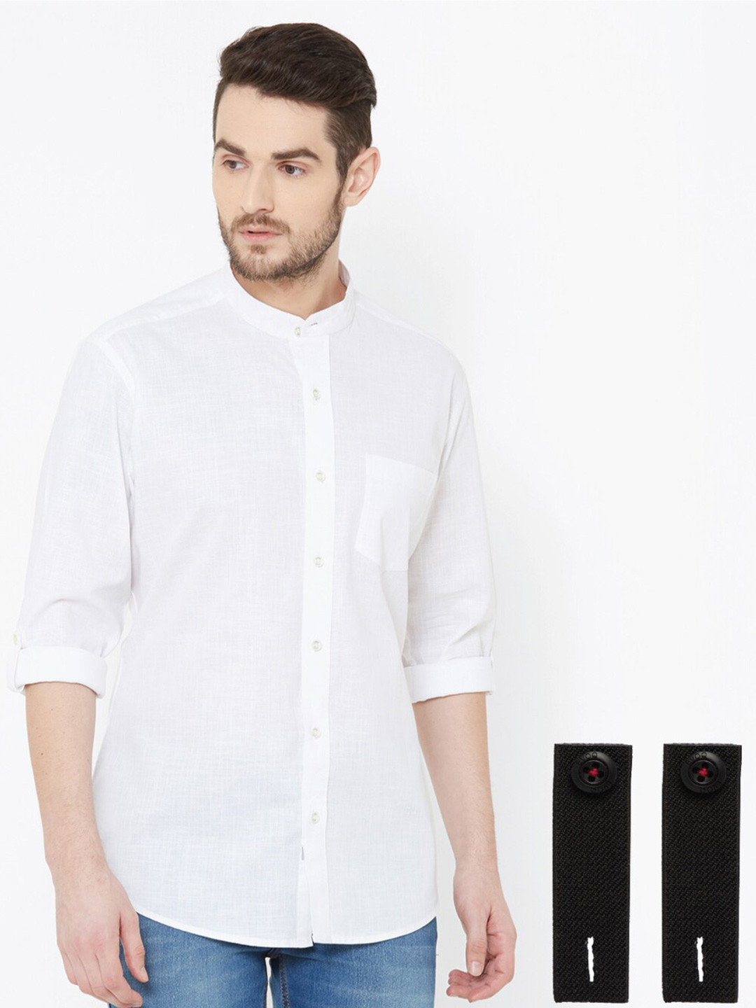 

EVOQ Standard Mandarin Collar Cotton Linen Casual Shirt, White