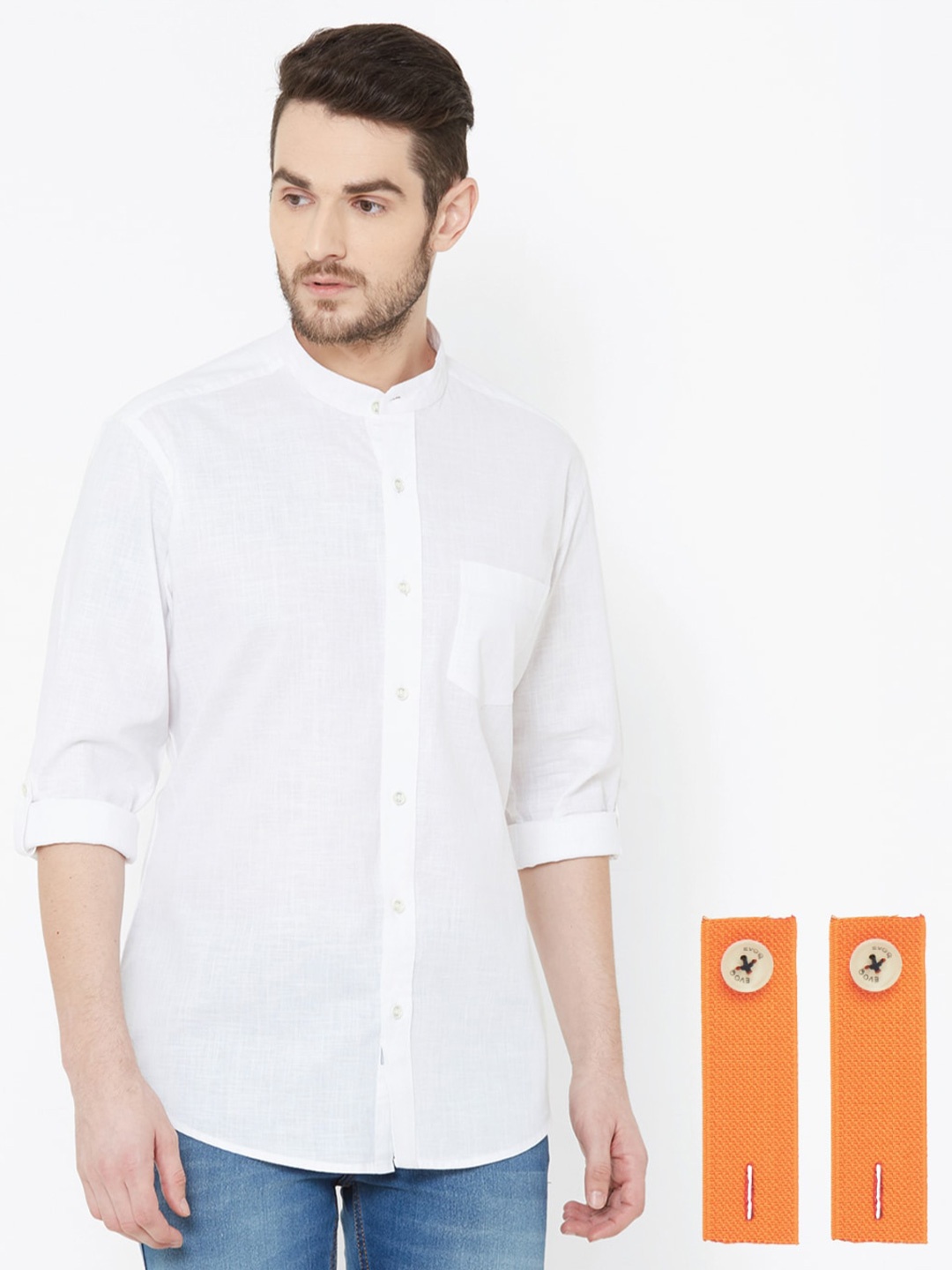 

EVOQ Standard Mandarin Collar Cotton Linen Casual Shirt, White