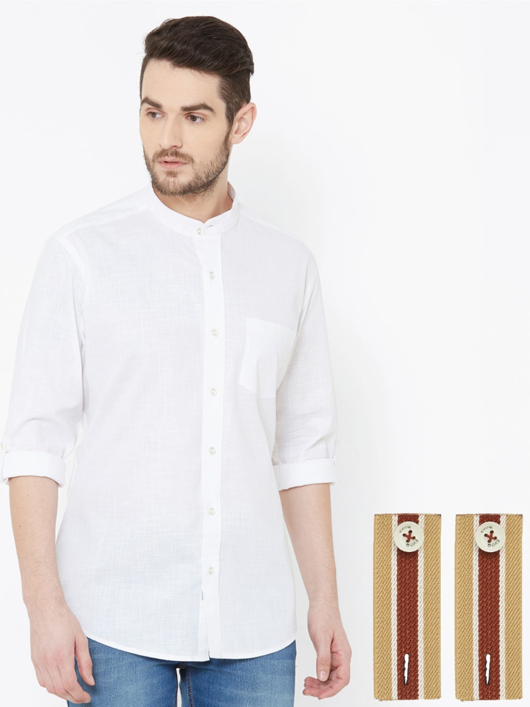 

EVOQ Band Collar Standard Fit Opaque Casual Linen Shirt With A Detachable Cuff Band, White