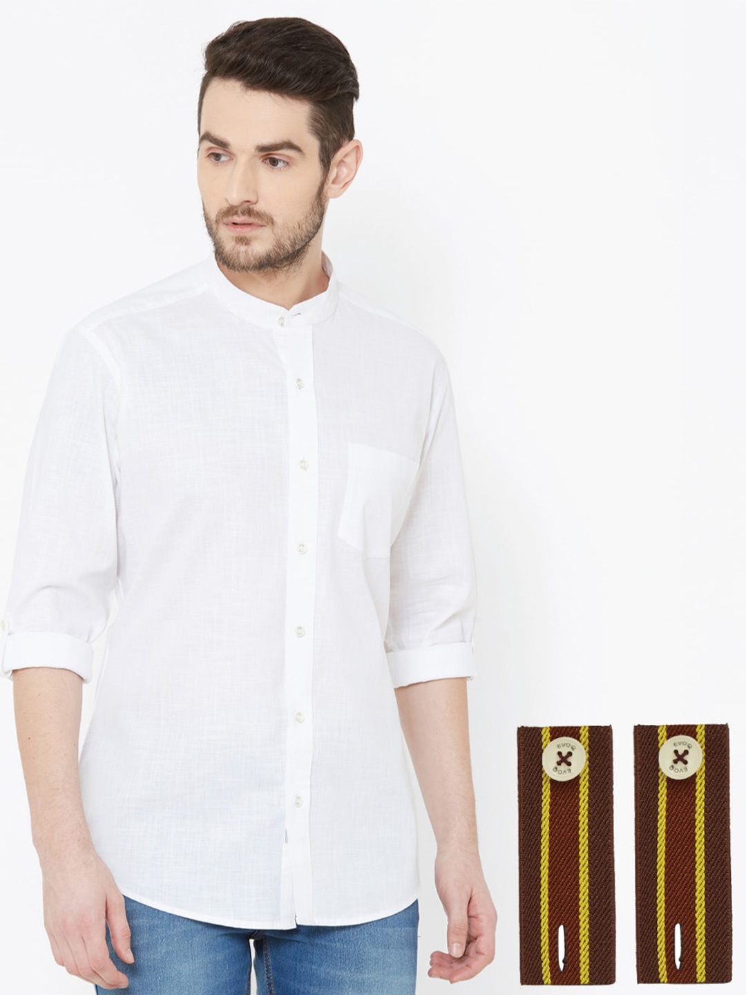 

EVOQ Band Collar Standard Fit Opaque Casual Linen Shirt With A Detachable Cuff Band, White