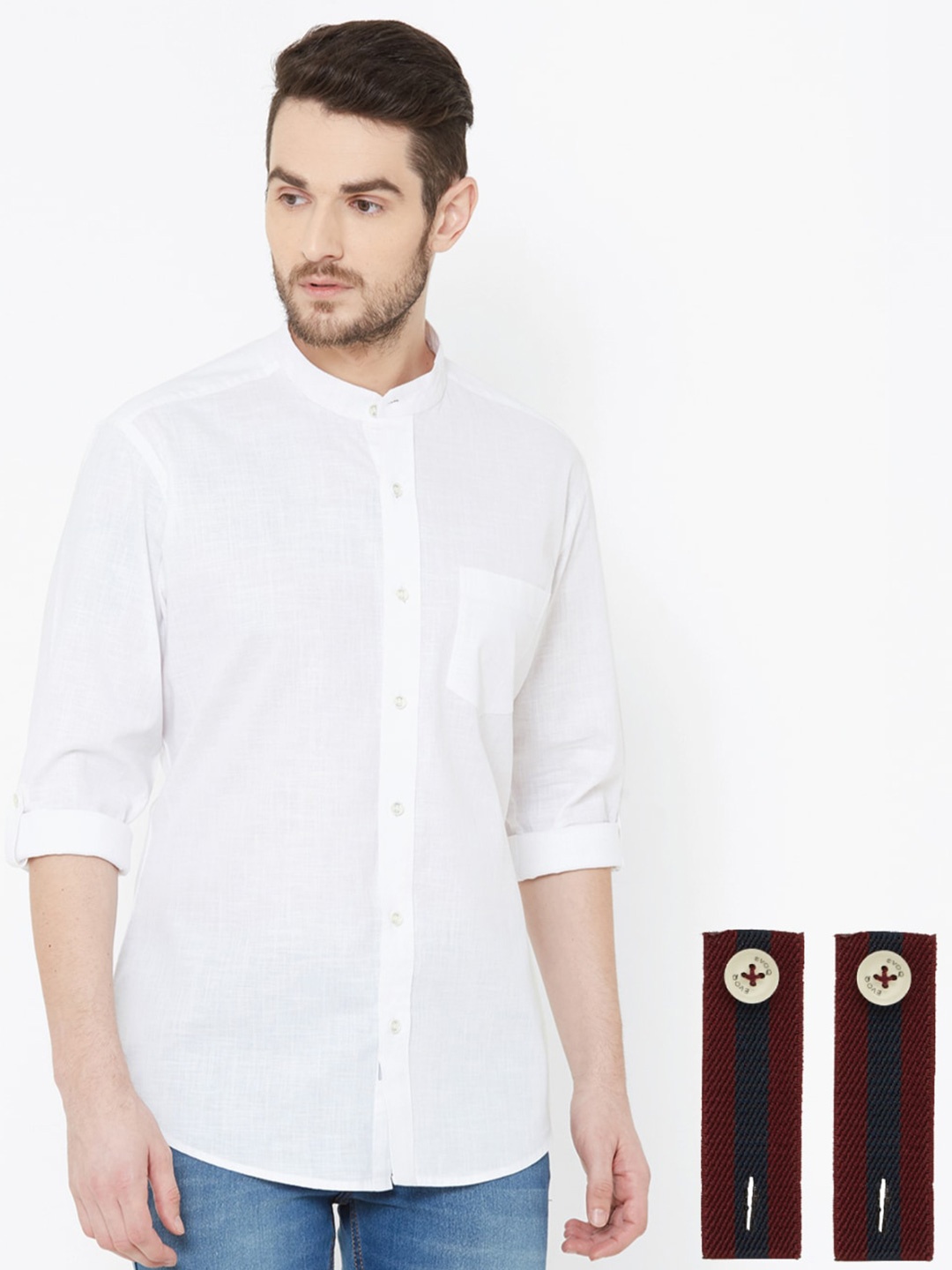 

EVOQ Band Collar Standard Fit Opaque Casual Linen Shirt With A Detachable Cuff Band, White