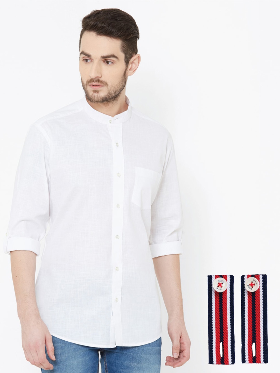 

EVOQ Mandarin Collar Standard Cotton Linen Opaque Casual Shirt, White