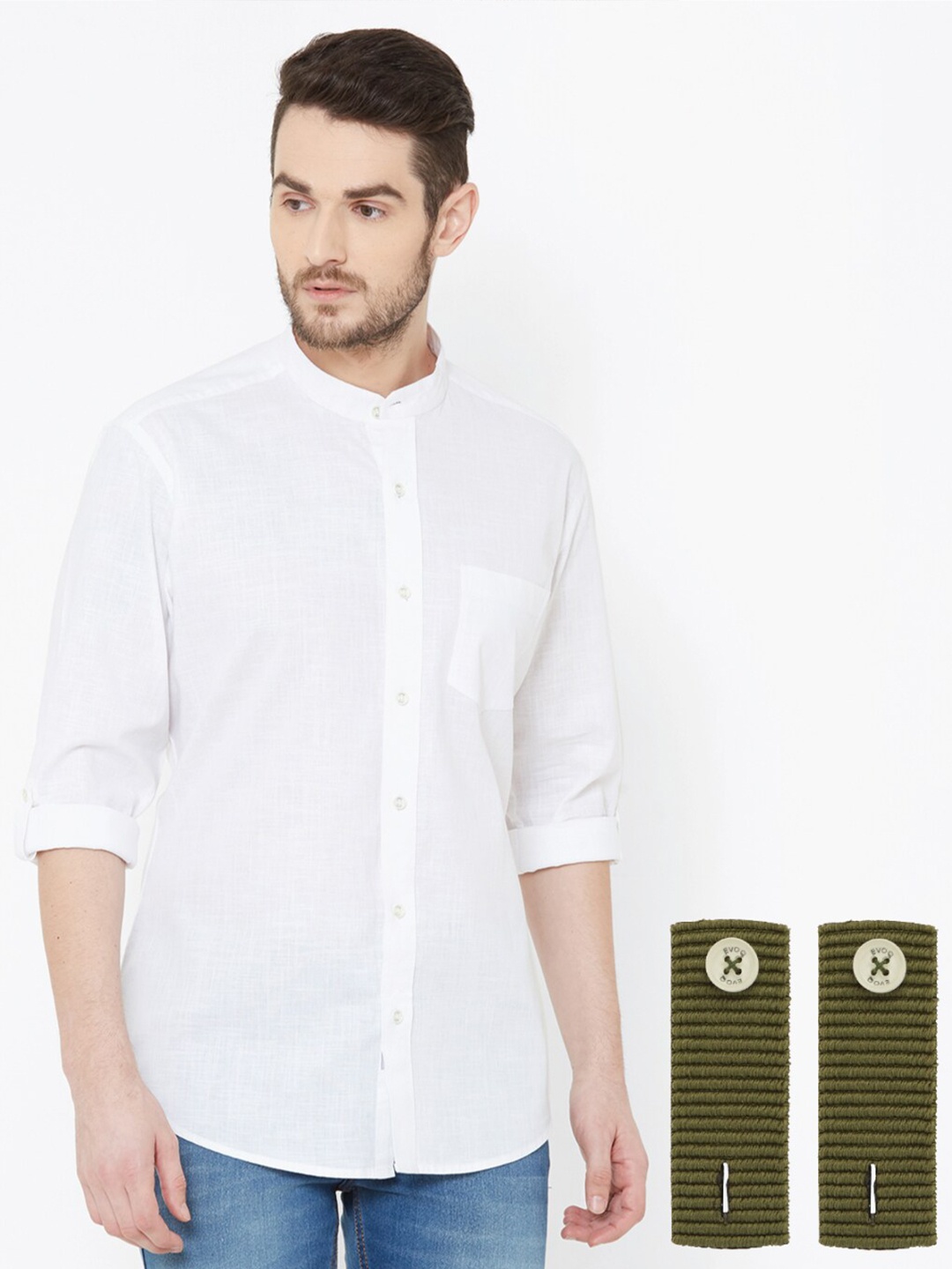 

EVOQ Mandarin Collar Standard Opaque Cotton Linen Casual Shirt, White