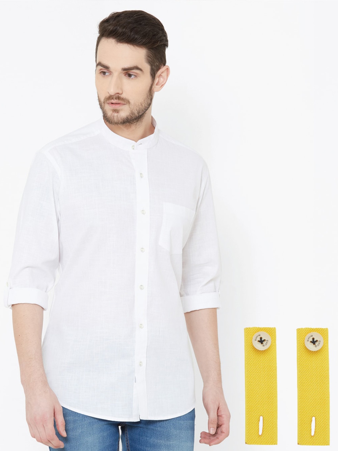 

EVOQ Band Collar Standard Fit Opaque Casual Linen Shirt With A Detachable Cuff Band, White