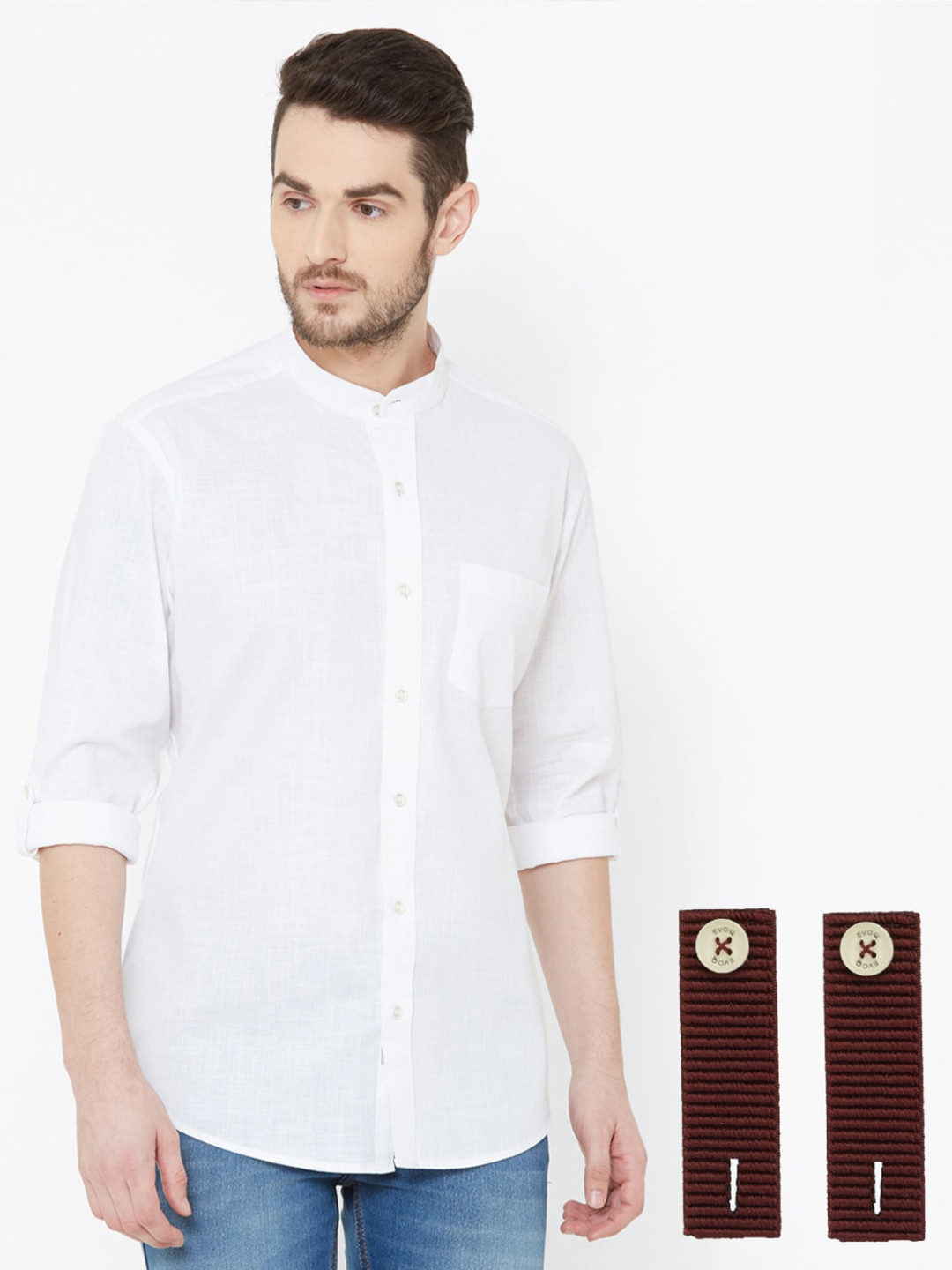 

EVOQ Standard Mandarin Collar Cotton Linen Casual Shirt, White