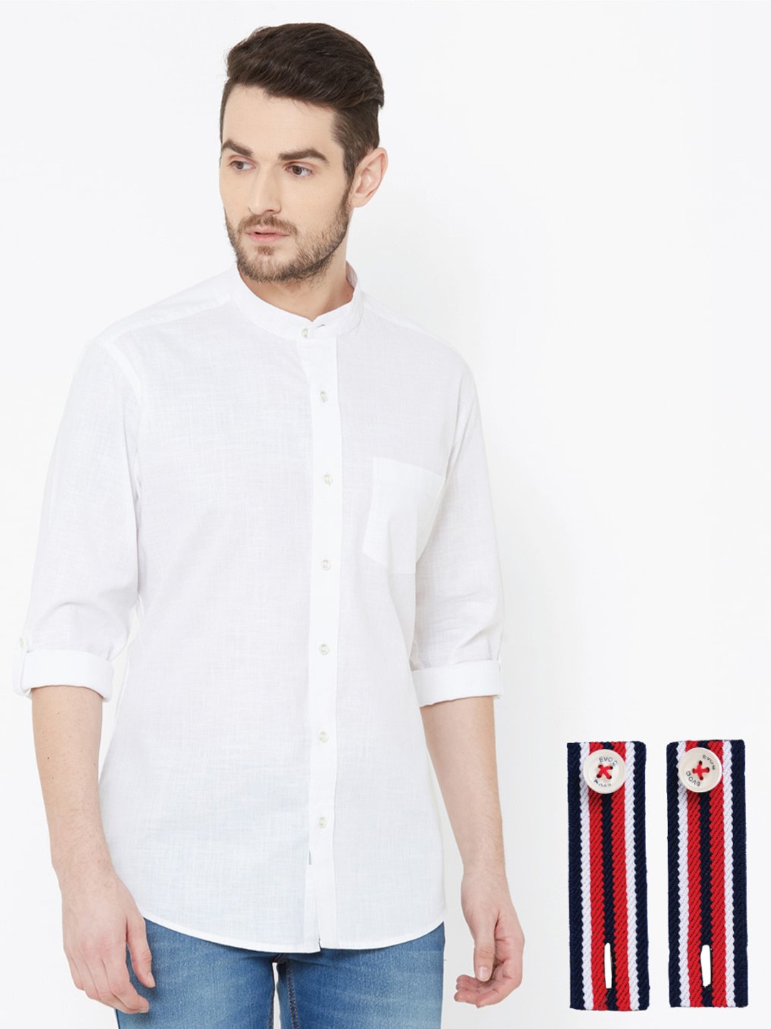 

EVOQ Mandarin Collar Standard Opaque Cotton Linen Casual Shirt, White