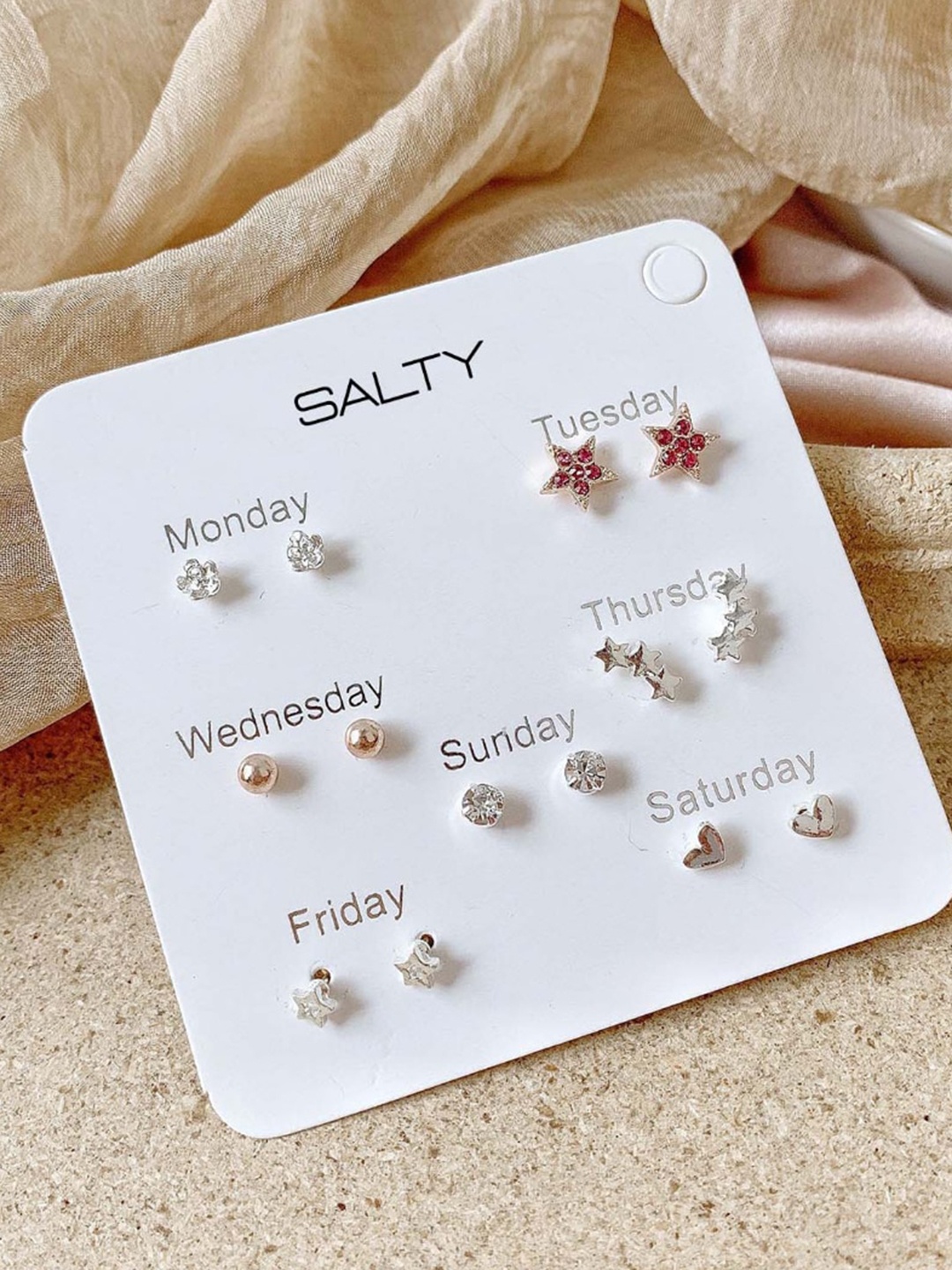 

SALTY Pack of 7 Contemporary Studs Earrings, Silver