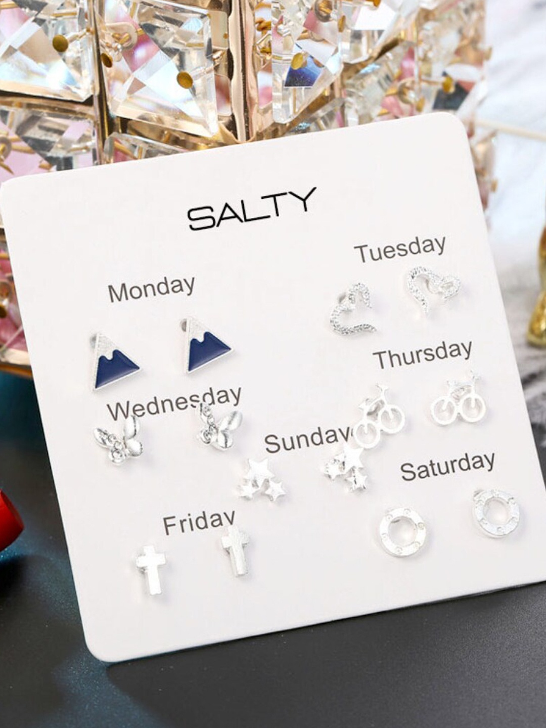 

SALTY Pack of 7 Contemporary Studs Earrings, Silver